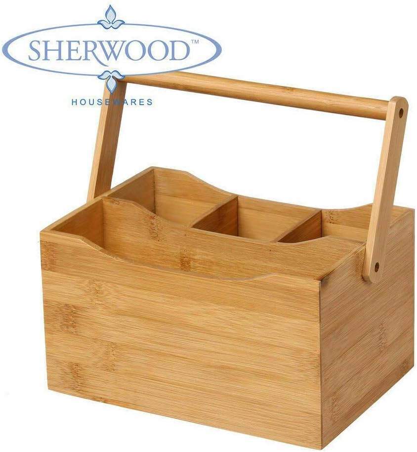 Sherwood Home Bamboo Cutlery Caddy Holds Knife/Fork/Spoon and Napkin/Serviette 4 Compartments Durable Eco-Friendly and Easy to Wash Carry Handle Built in (23X15X23Cm) image number 1