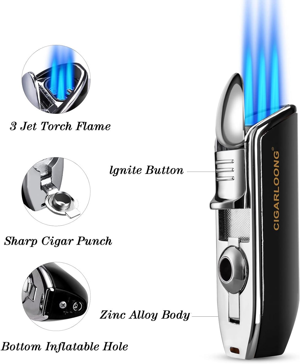 CIGARLOONG Cigar Lighter with Cigar Punch Alloy 3 Jet Torch Flame Refillable Metal Cigarette Windfroof Lighter Gift Box(Black) - Brown image number 5
