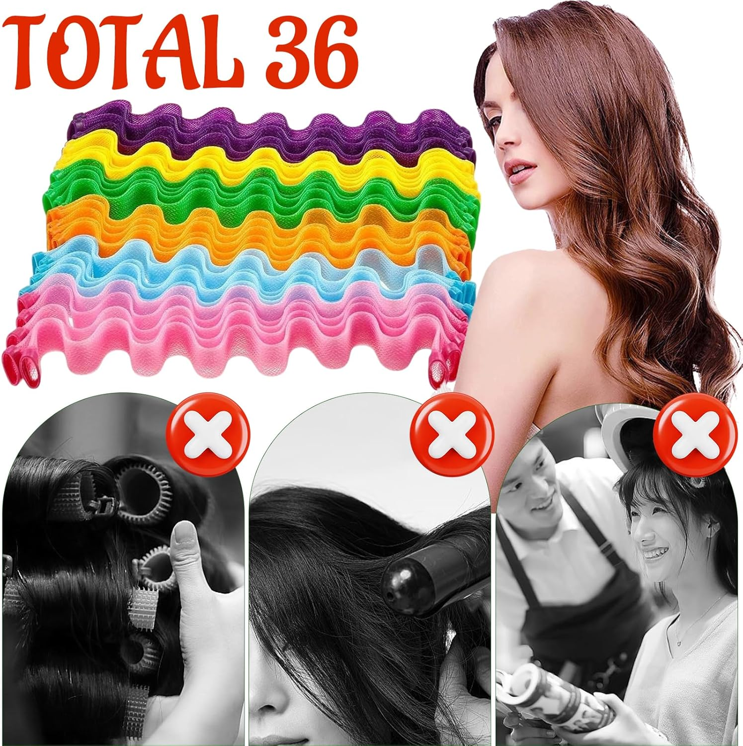 SZSMW 36 Hair Rollers - Waves - Curlers Long Hair - Suitable for Anyone Who Want to Create Their Own Wavy Hairstyles, Suitable for All Hair Types (30 Cm, with 2 Styling Hooks) image number 2