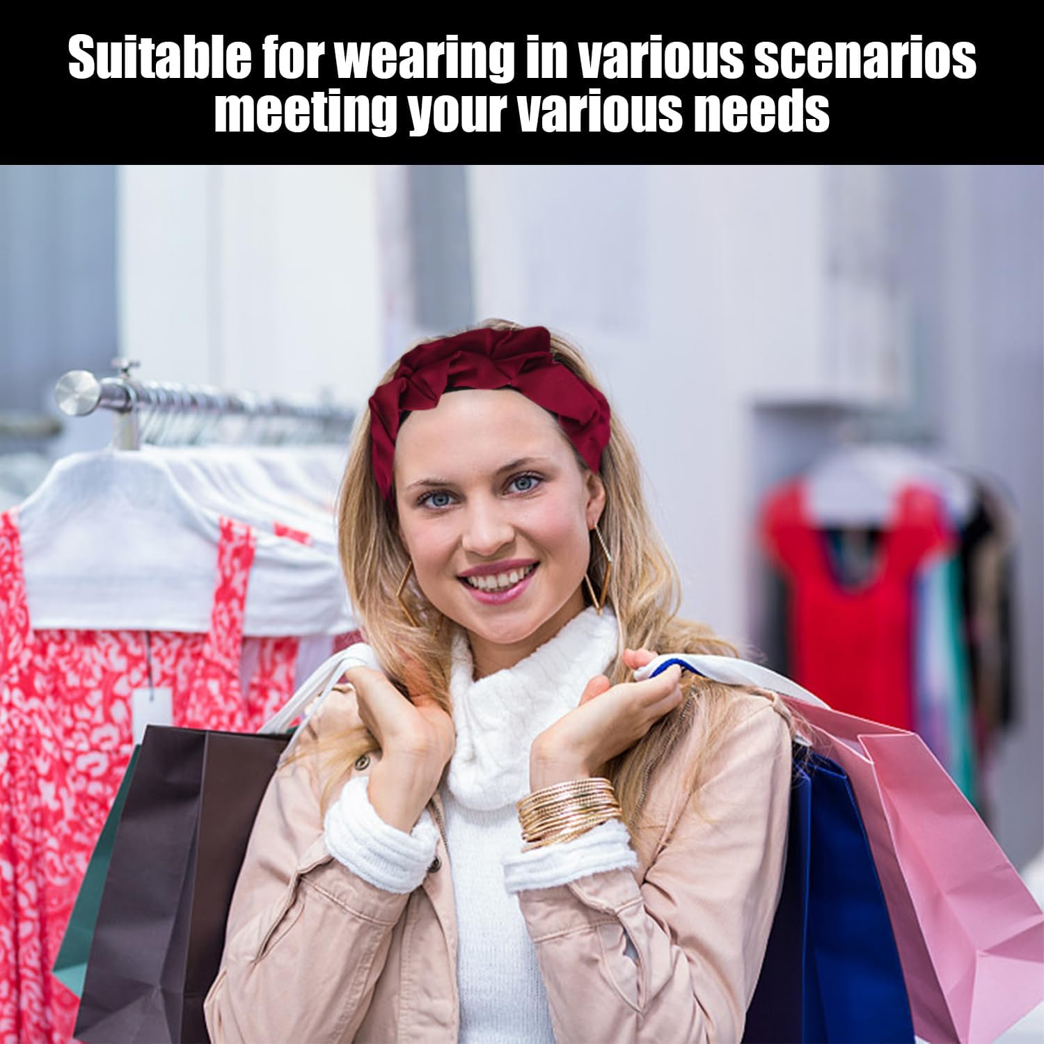 Pack of 2 Pleated Headbands, Headbands for Women, Satin Headbands, Retro Headbands, Simple Versatile Headbands (Black, Red) image number 4