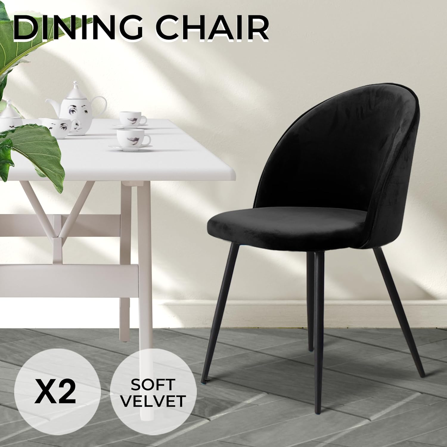 LEVEDE Dining Chairs, Set of 2 Reading Seating, Velvet Kitchen Chairs, Chic Nursing Seats, Home Furniture for Dining Room, Living Room, Cafe, Meeting Room, Load up to 150Kg (Black)