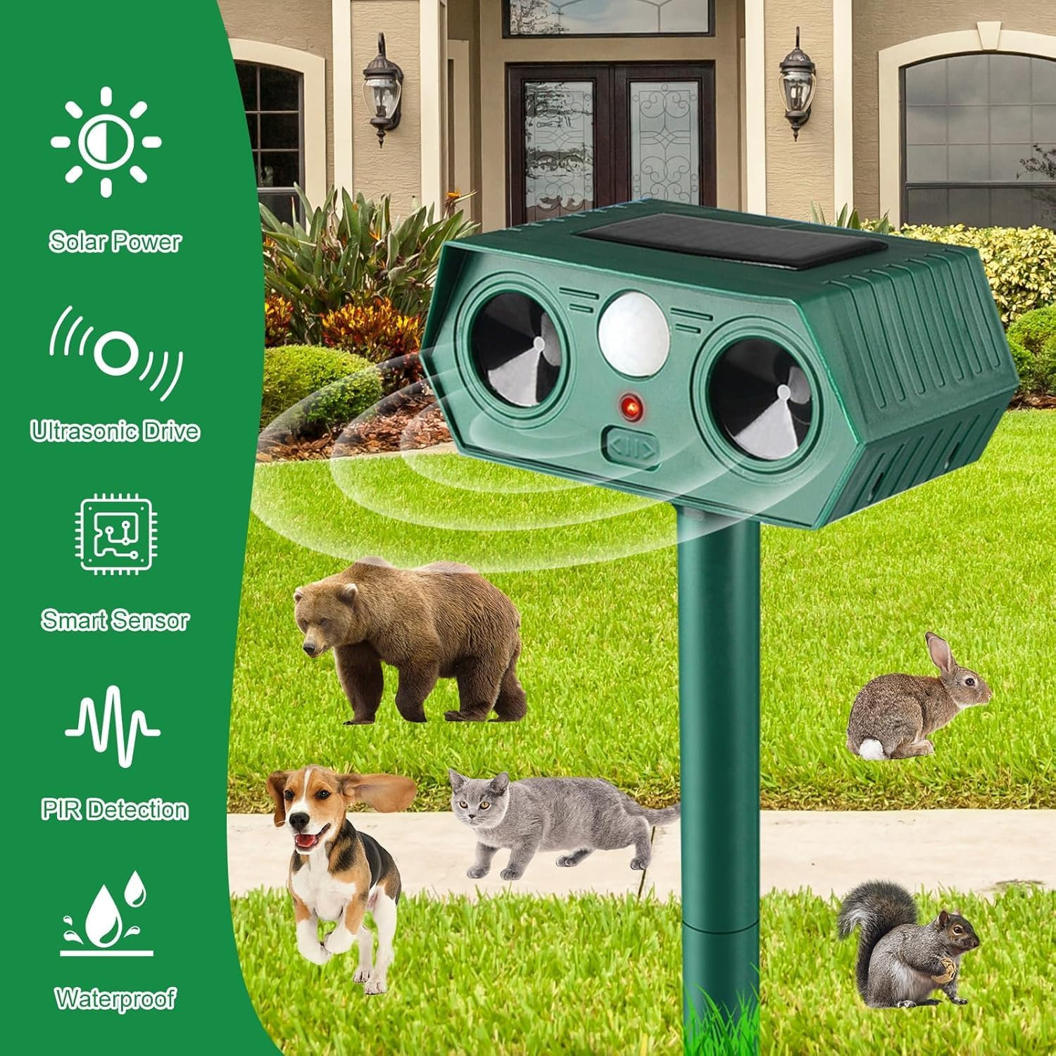 ​Cyperever Solar Powered Ultrasonic Animal Repeller Outdoor, Cat Repellent Possum Deterrent Bird Deterrent Snake Repellent, Motion Sensor & Dual Speakers for Dogs Foxes Rodents​​ 2 Pack image number 2