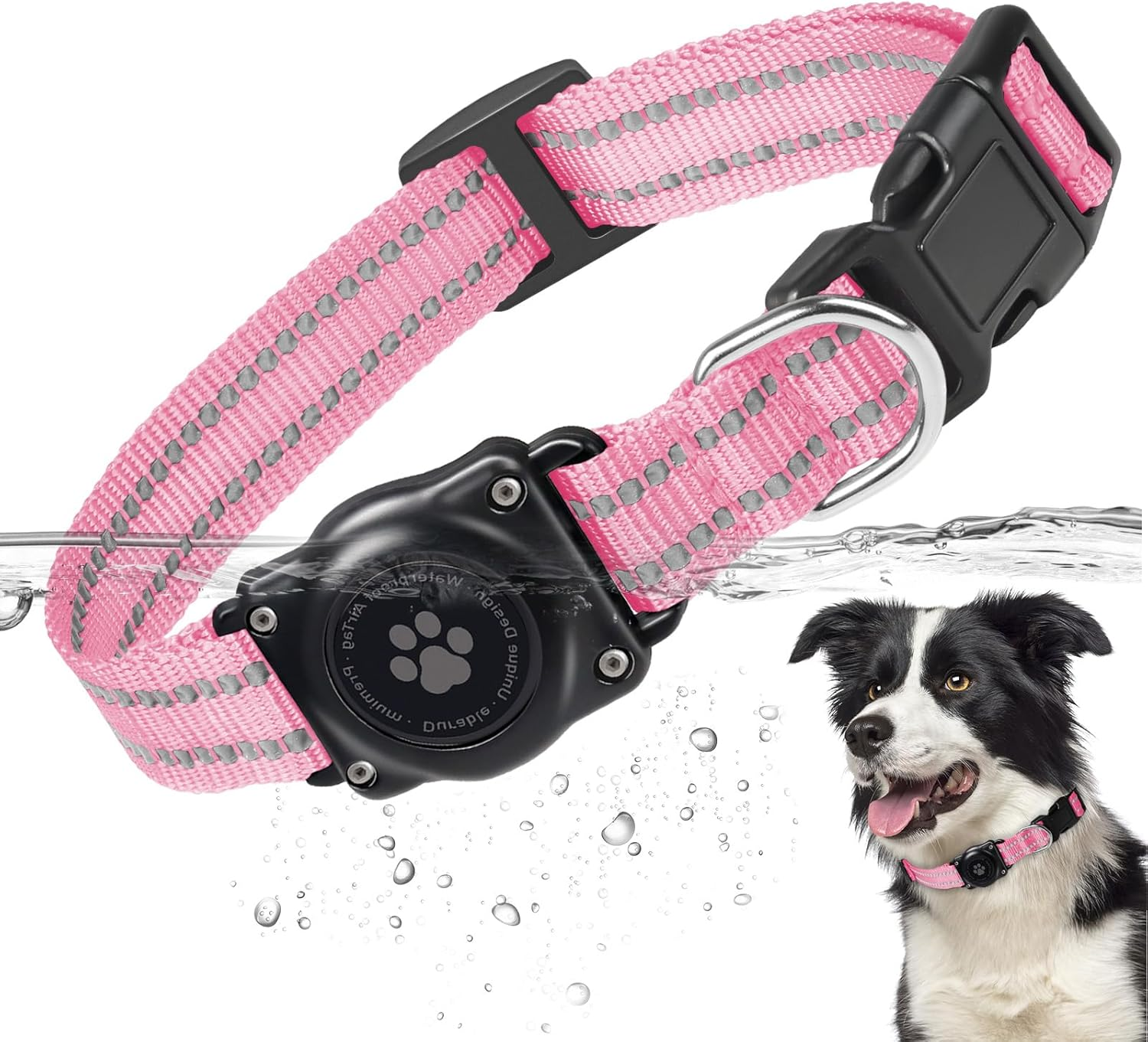Airtag Dog Collar, 100% Waterproof Integrated Apple Air Tag Dog Collars, Reflective GPS Dog Collar with Hard PC Airtag Holder Case for Small Medium Large Dog (Pink) image number 4
