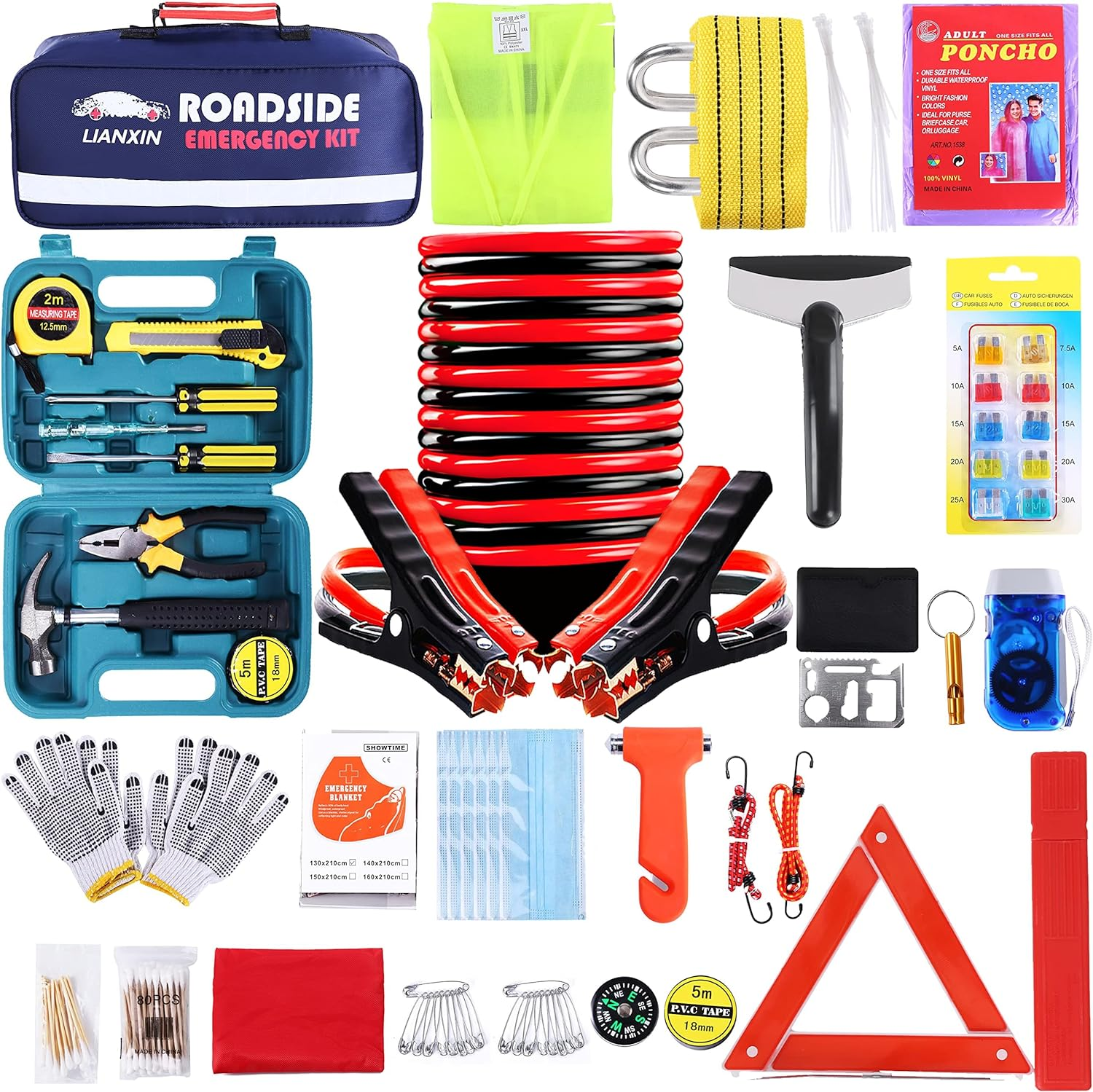 Roadside Assistance Emergency Kit - Multipurpose Emergency Pack Car Premium Road Kit Essentials Jumper Cables Set (8 Foot) Automotive Roadside Assistance 142 Pieces Winter Car Kit