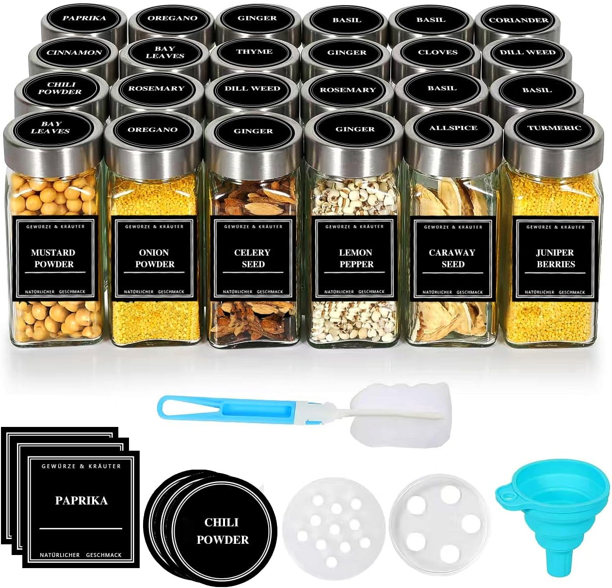 Coolnovel&reg; Spice Jars Set of 24 [120 Ml, Square & Airtight] with Stainless Steel Lids, Labels and Shaker Inserts - Glass Spice Jars Including Funnel & Cleaning Brush - Spice Storage, Spice Jars image number 2