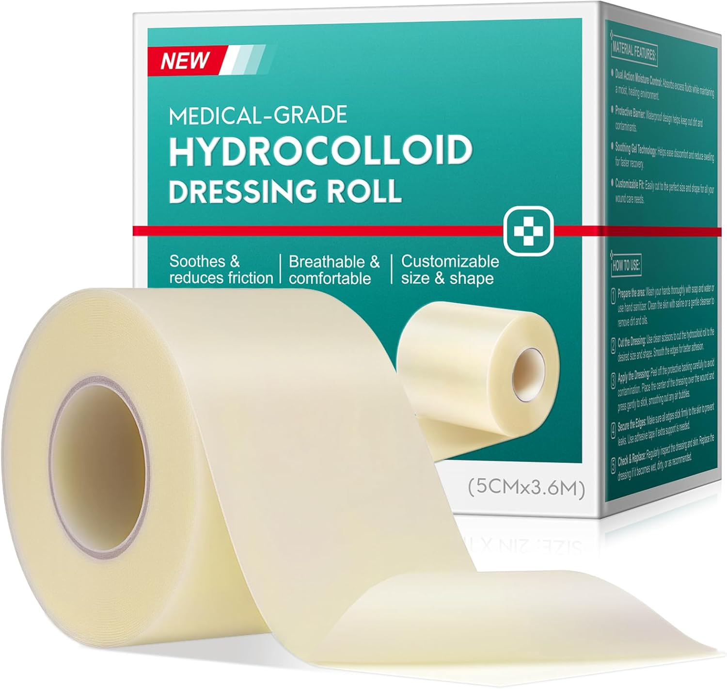 Hydrocolloid Roll for Wound Care,Hydrocolloiddressing Roll 5Cmx3.6M, Self-Adhesive Large Wound Dressings Waterproof Hydrocolloid Dressings Bandages for Wounds &ndash; Self-Adhesive & Latex-Free image number 4