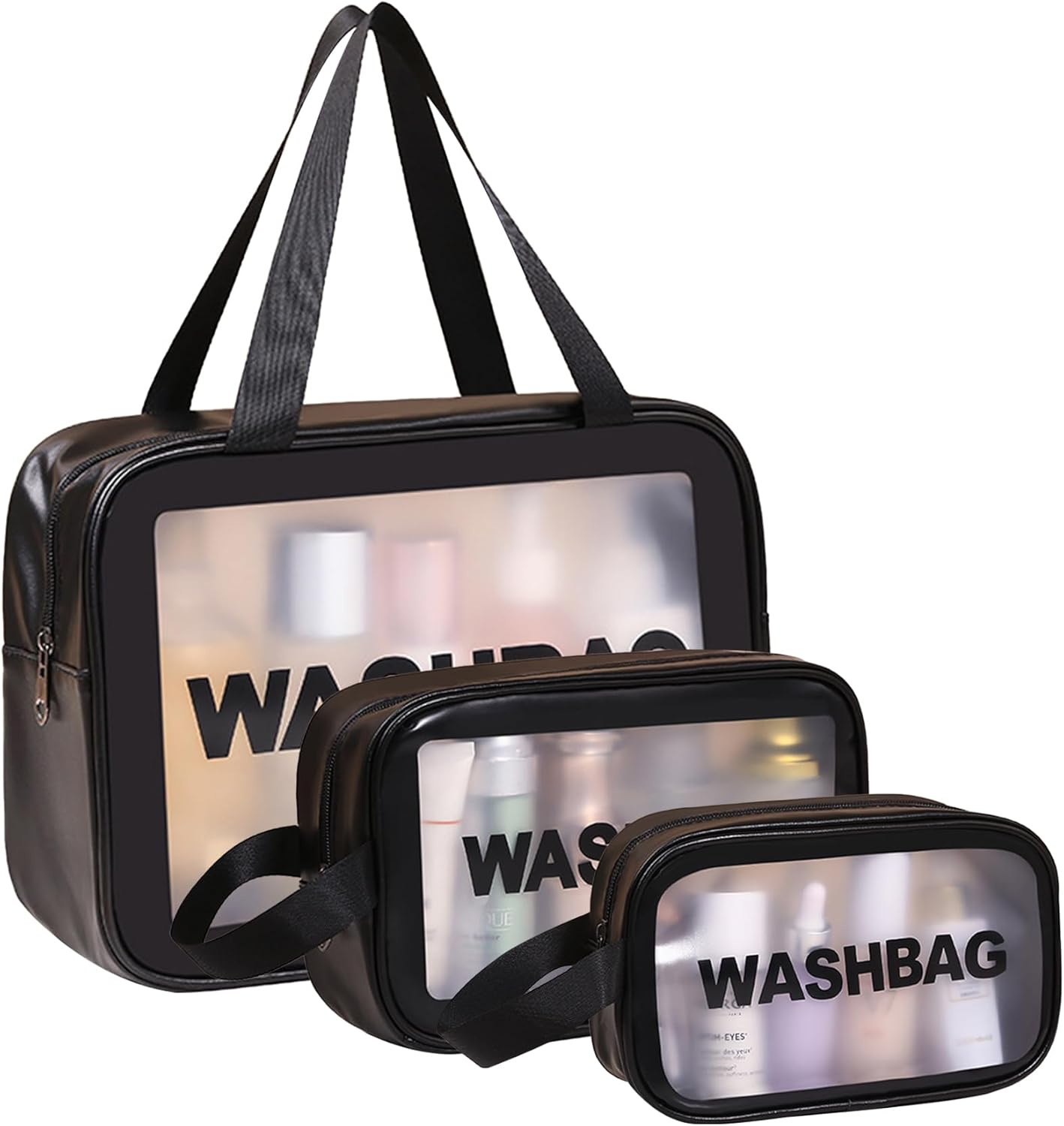 Travel Clear Makeup Bag, Portable Waterproof Cosmetic Organizer Case with Handle for Women, Essential Carry-On Travel Accessories for Toiletries and Brushes (3 Pcs-White)