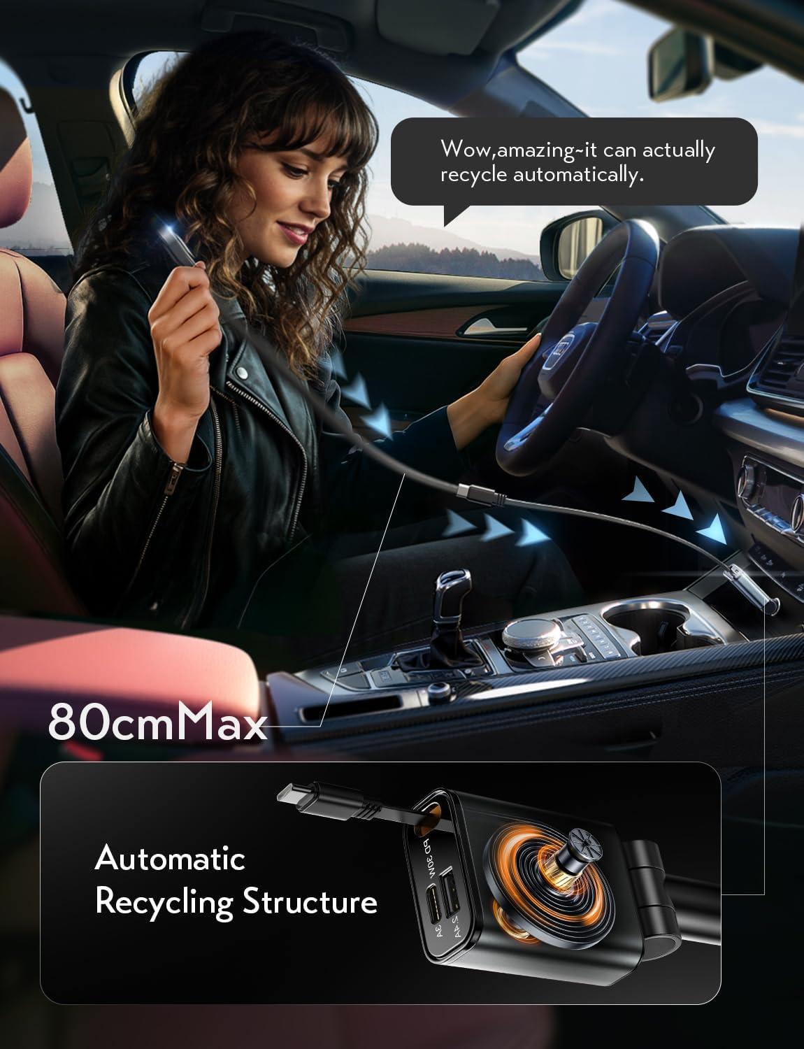 LISEN Retractable Car Charger USB C Fast Charging,【75% Less Space,Ultra Mini】57W Fast Car Charger Retractable for Iphone 16E 16 15 Pro Max Plus，Samsung Galaxy S25 S24 Ultra Plus，Android，Usb C Devices image number 3