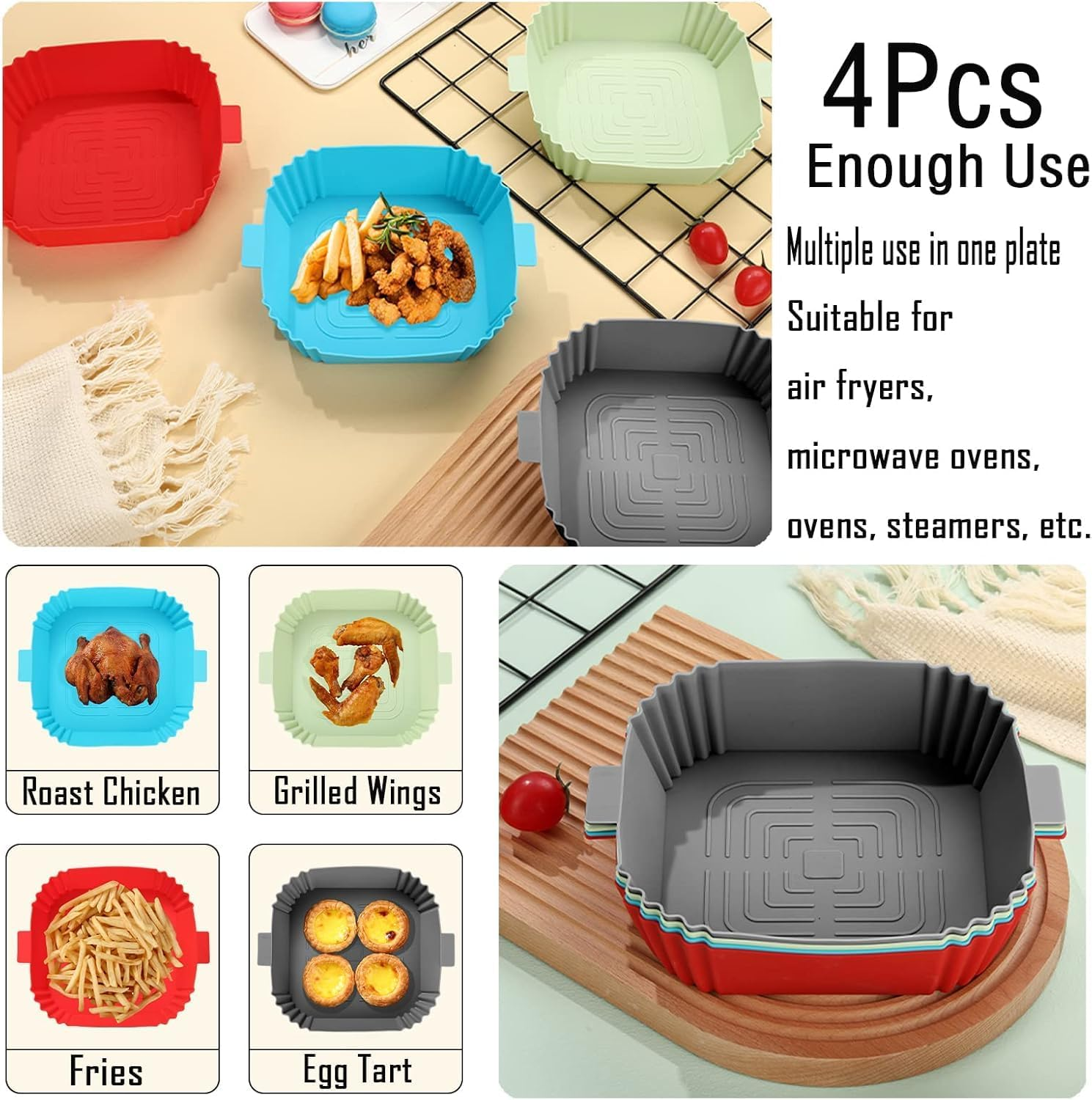 Silicone Air Fryer Liners,4Pcs Air Fryer Silicone Reusable Liners Square,Food Safe Air Fryers Oven Accessories,Replacement of Flammable Parchment Liner Paper for Air Fryer,Silicone Baking Tray Pots image number 5