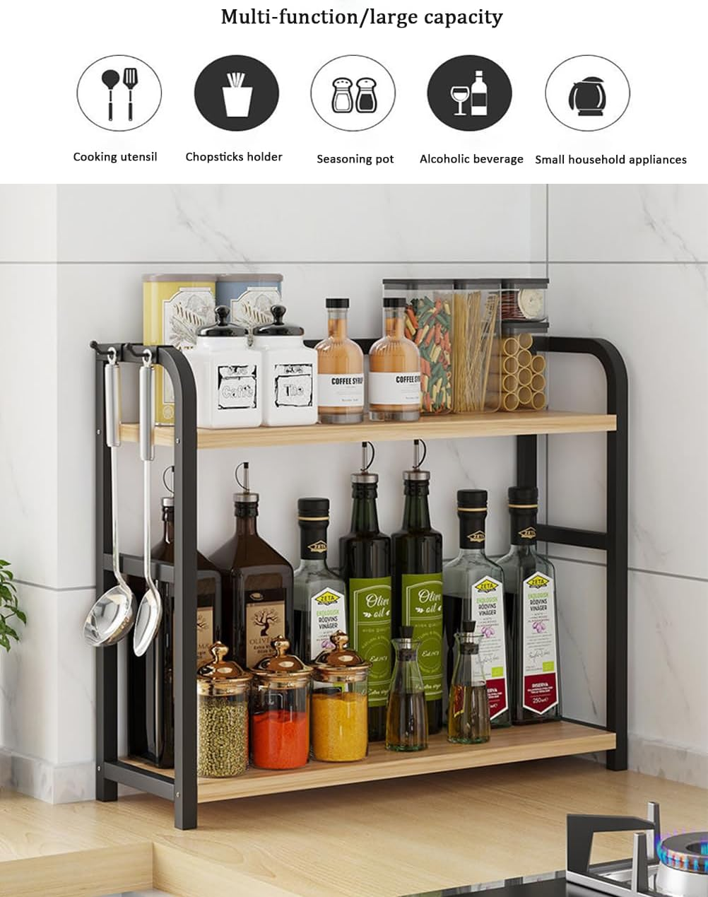 Dreamhousey Kitchen Countertop Stainless Steel +Wooden Board 2-Tier Seasoning Storage Rack, Kitchen Desktop Condiment Can Tank Supplies Organizer Shelf (Black+Oak, 2-Tier), 8-3-1 image number 6