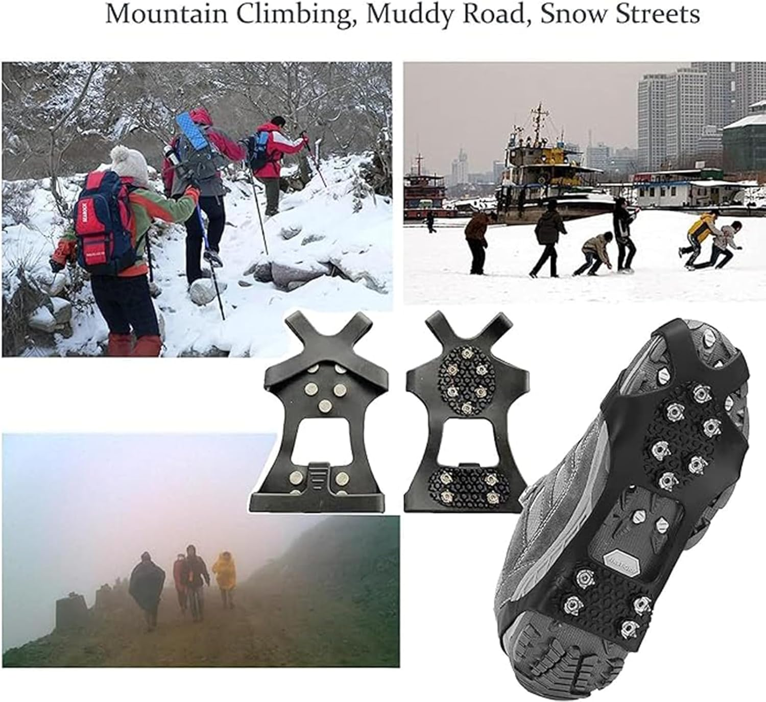 ZSNZCTX Ice Cleats Crampons, 2Pcs Ice Snow Traction Cleats Grippers Steel Rubber Spikes for Walking Climbing Hiking Fishing Outdoor, 21Cm*14Cm, Black image number 4