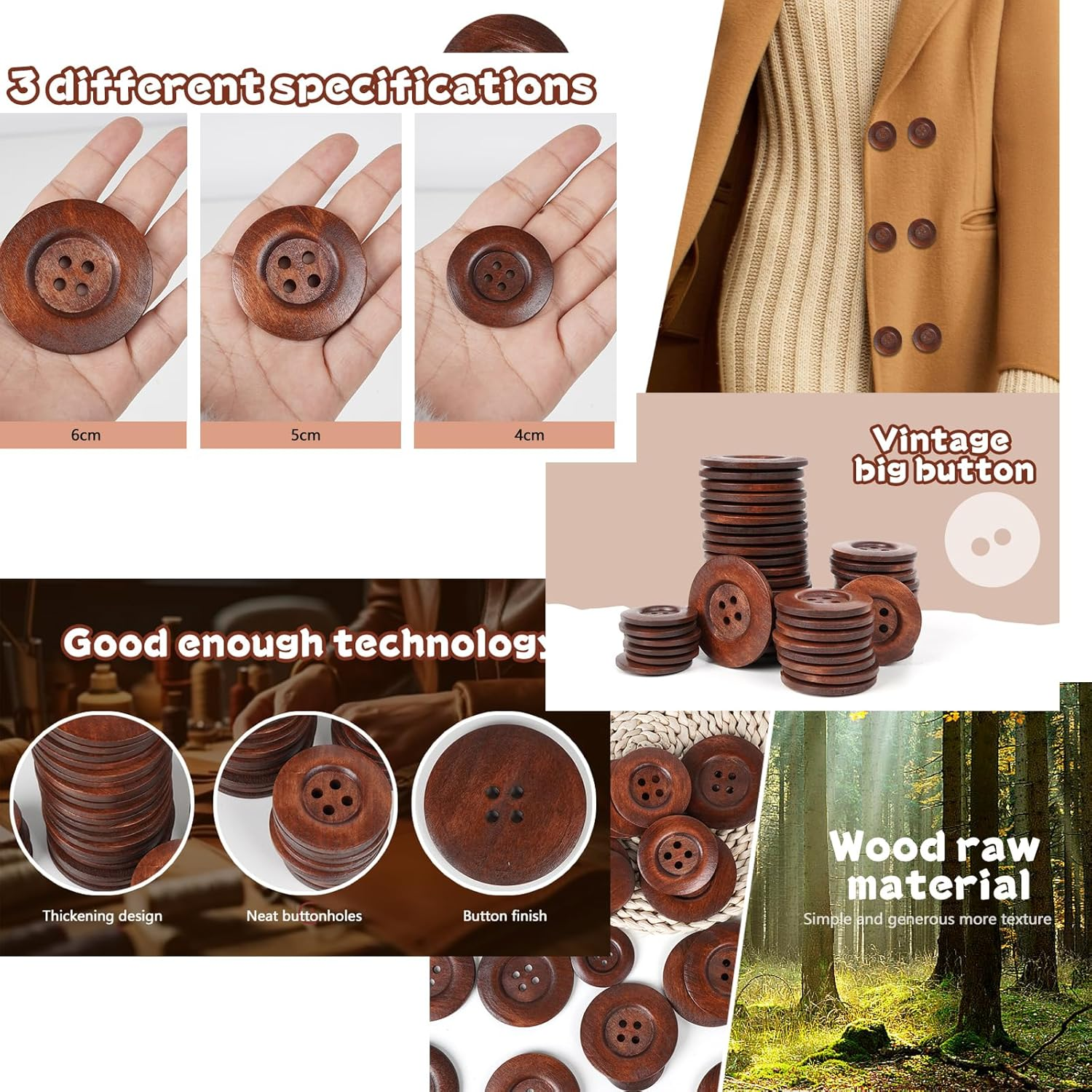 Chenkou Craft 20Pcs Large Size 60MM Brown round Wood Buttons 4 Holes Craft Sewing Button image number 1