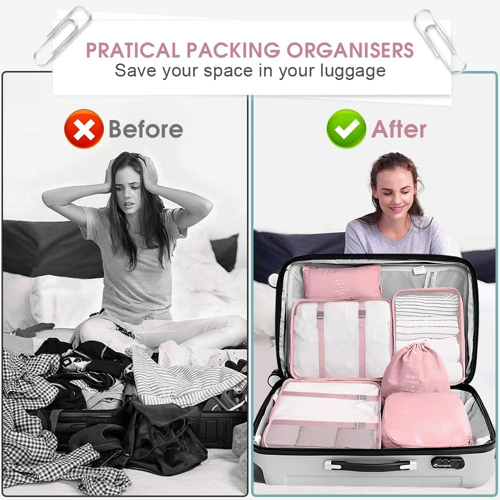 8PCS Packing Cubes for Travel, Luggage Organizer Bags with Shoe & Laundry Bag, Mesh Travel Essentials Bags, Durable & Lightweight Various Sizes Suitcases Packing Organisers (Pink, Set of 8) - Beige image number 3