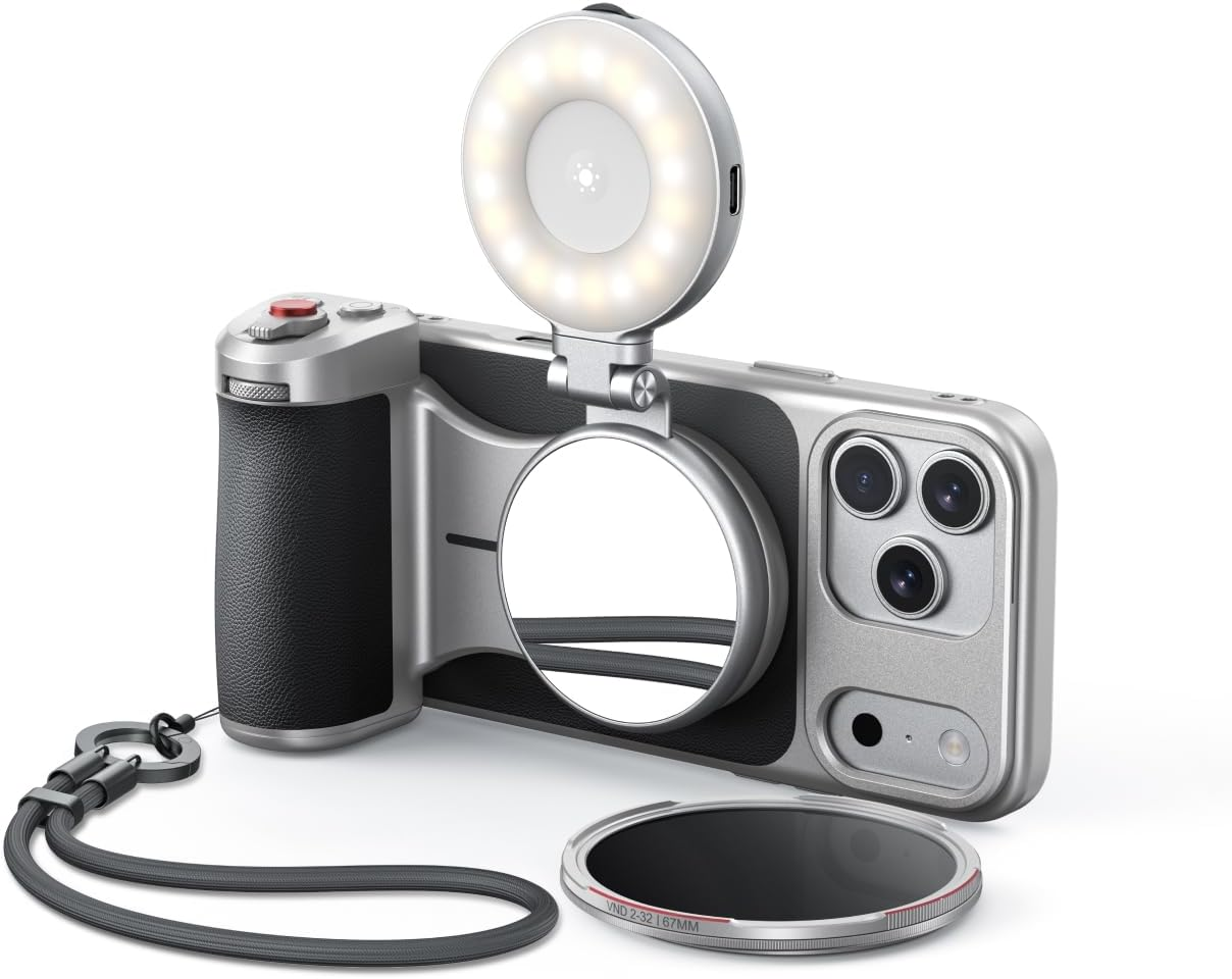 TELESIN Master Grip Kit for Iphone 17 Pro Max, Magnetic Phone Camera Grip with C03 Selfie Light + UV Filters +VND Filters, Creator Combo Built Wireless Charging - Cooling Graphene Case