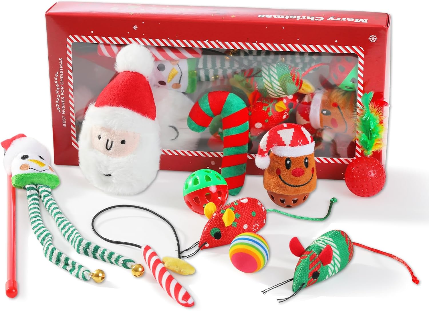PAWZ Road Christmas Cat Toys 10 Piece Set Plush Santa Candy Cane, Reindeer Bell Ball, Mice & Feathers, Cats & Kittens image number 4