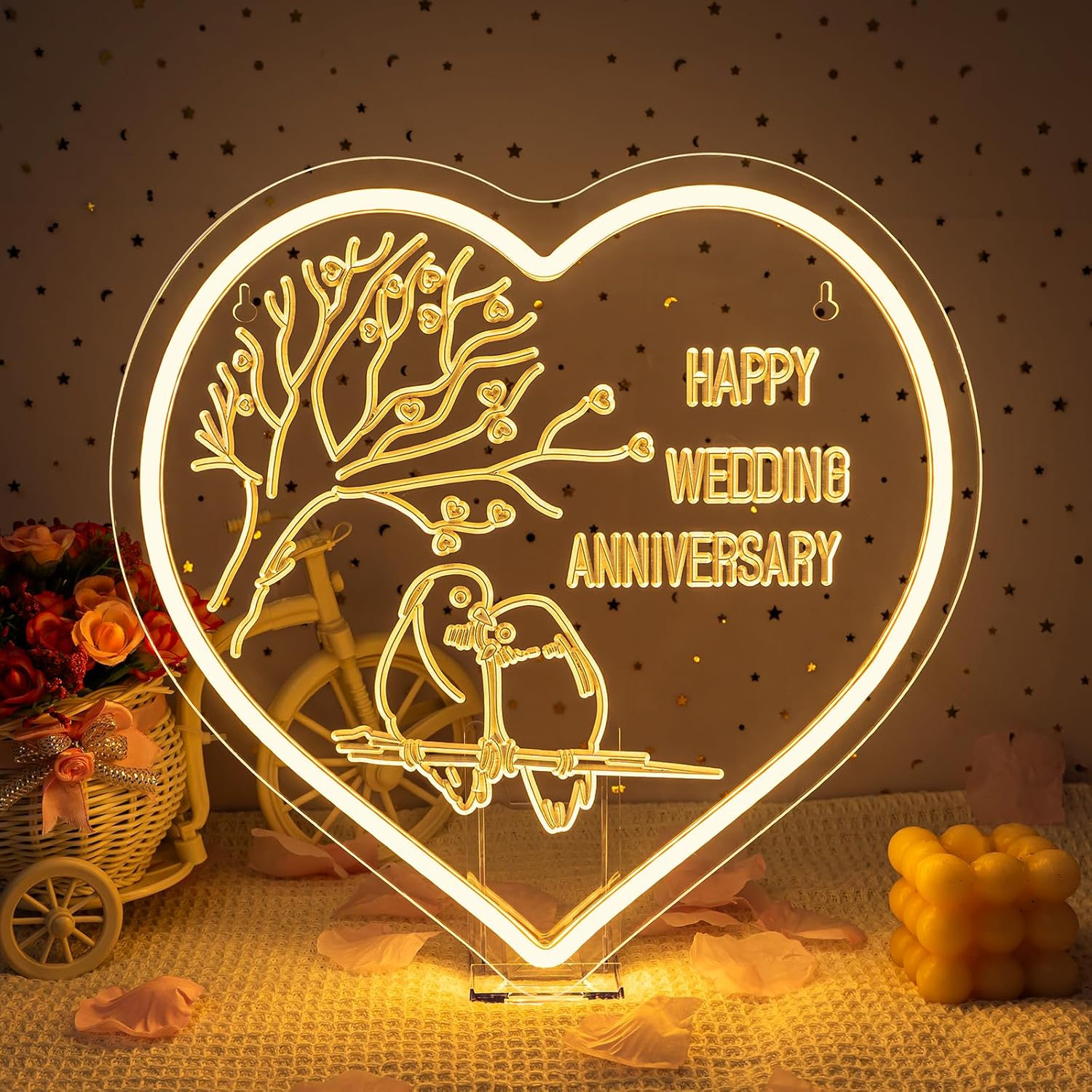SIGNSHIP Happy Wedding Anniversary Neon Sign Wedding Anniversary LED Sign Dimmable Love Bird LED Lettering Heart Shape Light Signs Decor for Anniversary, Party, Candle Light Dinner, Photo Requist