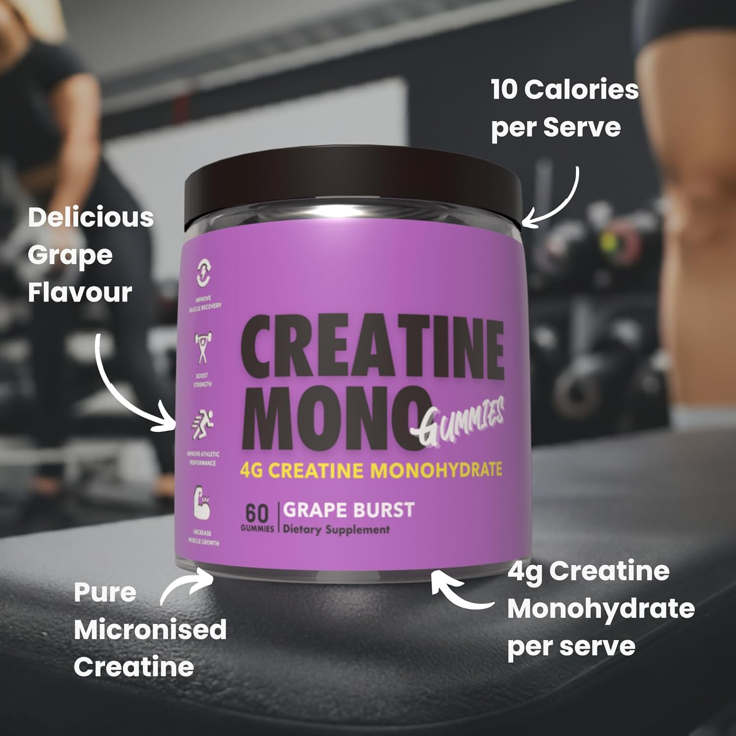 Creatine Monohydrate Gummies for Muscle Endurance, Growth and Power | Convenient Pre-Workout Supplement Grape Flavour, 4000Mg per Serve, 60 Pieces, 30 Serves - the Gummy Lab image number 5