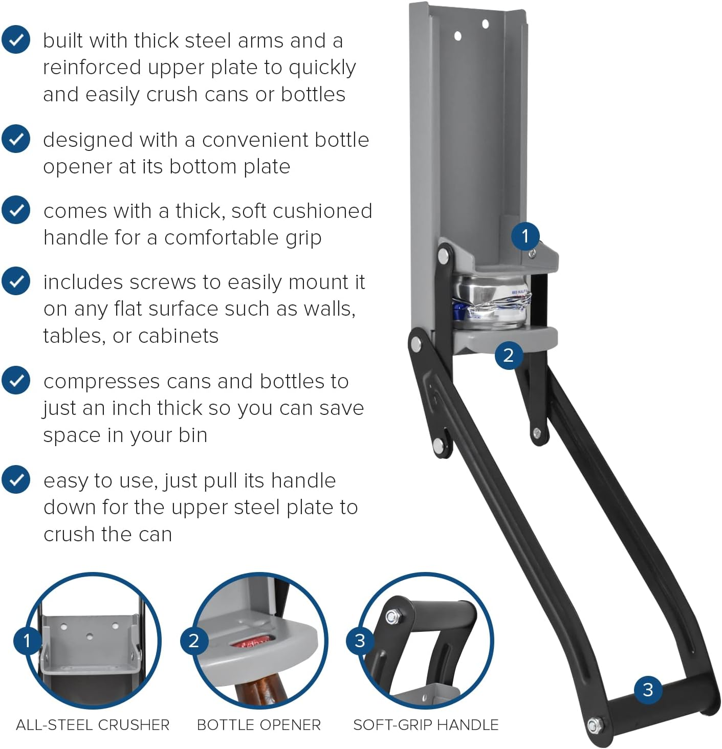 Joeji'S Kitchen Heavy Duty Drink Can Crusher Stainless Steel Can Crusher for Beer Cans Soda Cans Plastic Bottles Wall-Mounted Beer Can Crusher - Grey image number 1