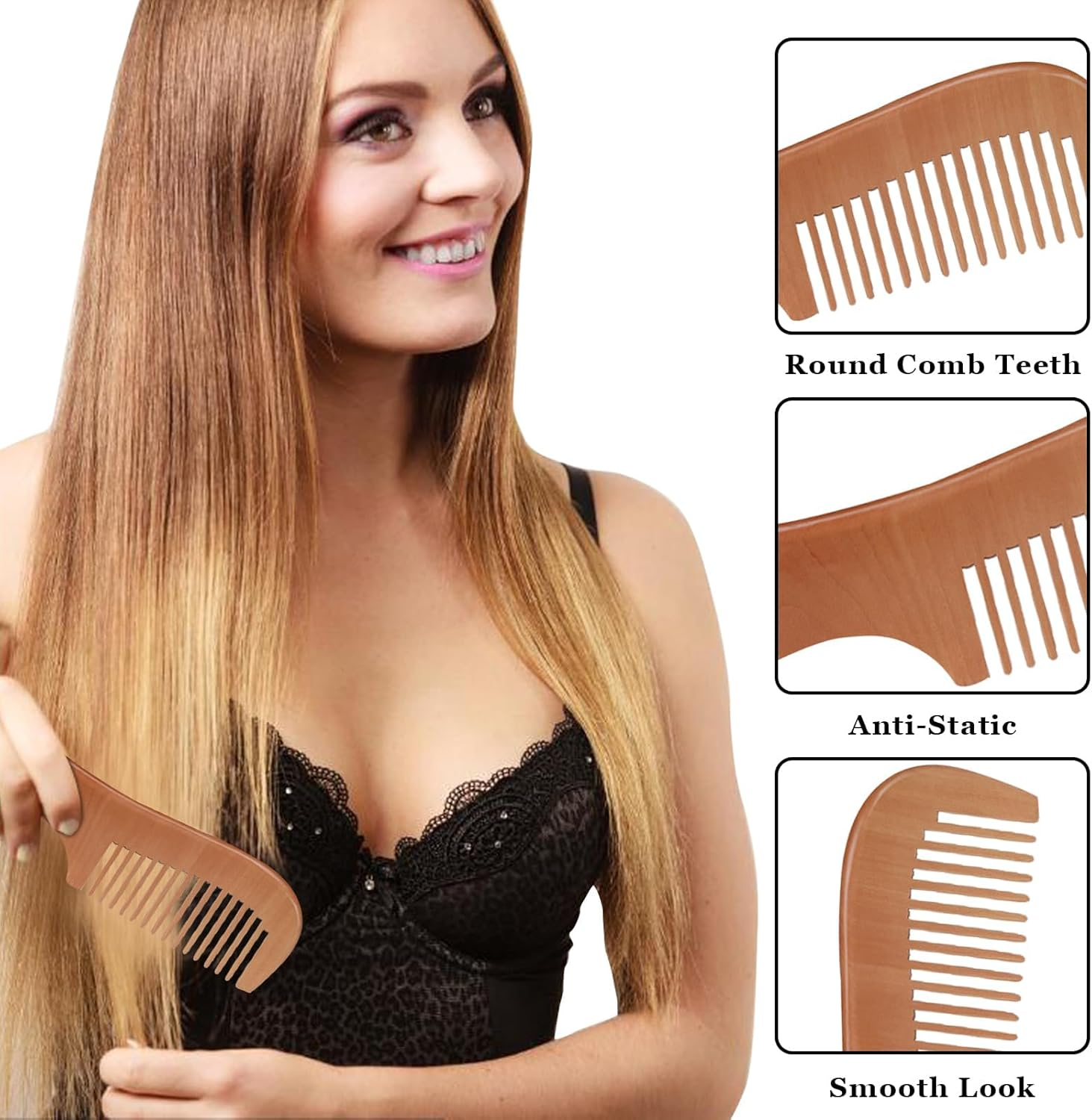 4 Pcs Natural Bamboo Comb Set for Women & Men - Wide Tooth Detangling, Beard & Labor Combs for Curly, Thick, Wavy Hair with Gift Bag