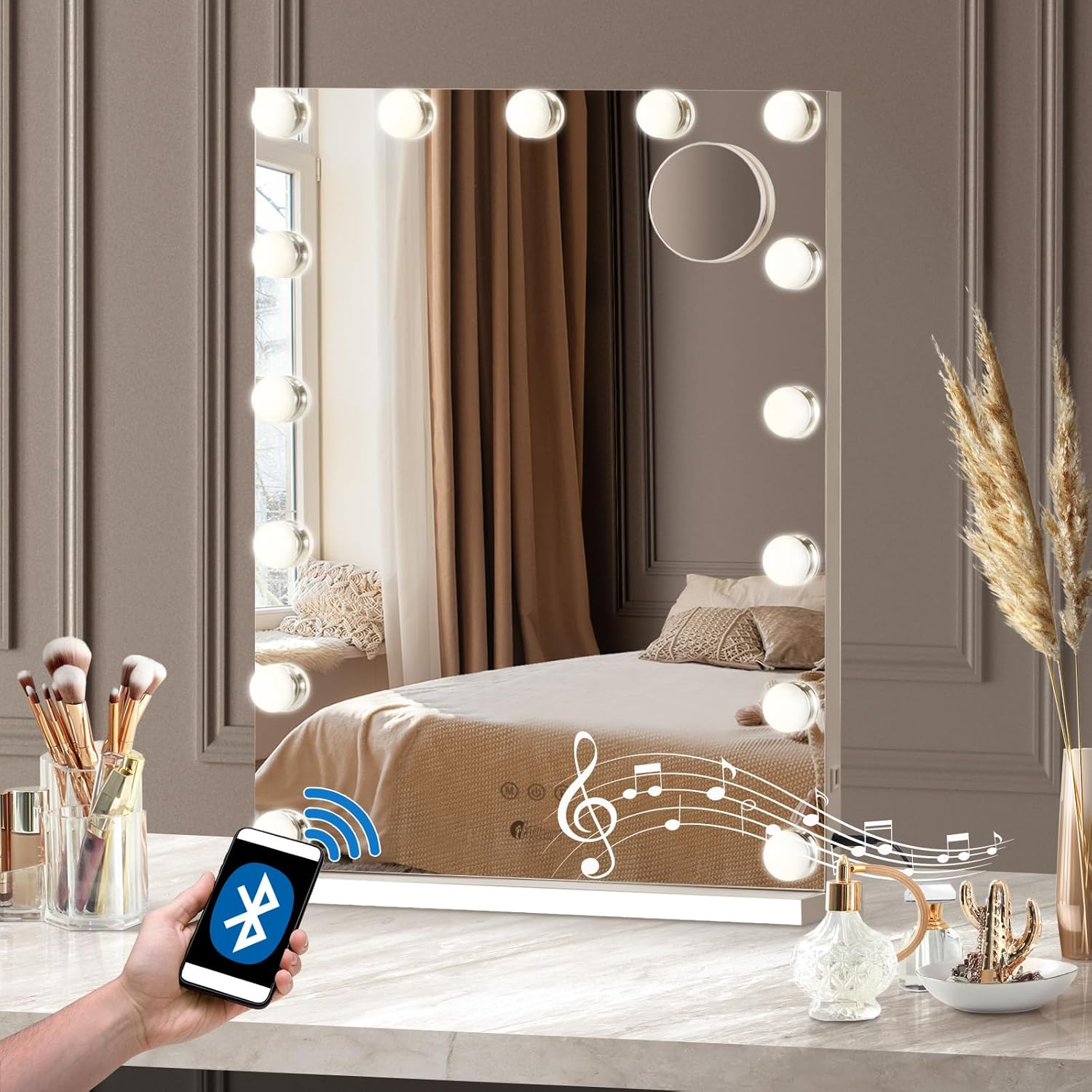 Oikiture Hollywood Vanity Mirror with Light 60.5 X 43Cm Vanity Mirror with 15 Dimmable Bulbs, Bluetooth Speaker USB Power Charging Makeup Vanity Mirror with 10X Magnifying Mirror image number 2