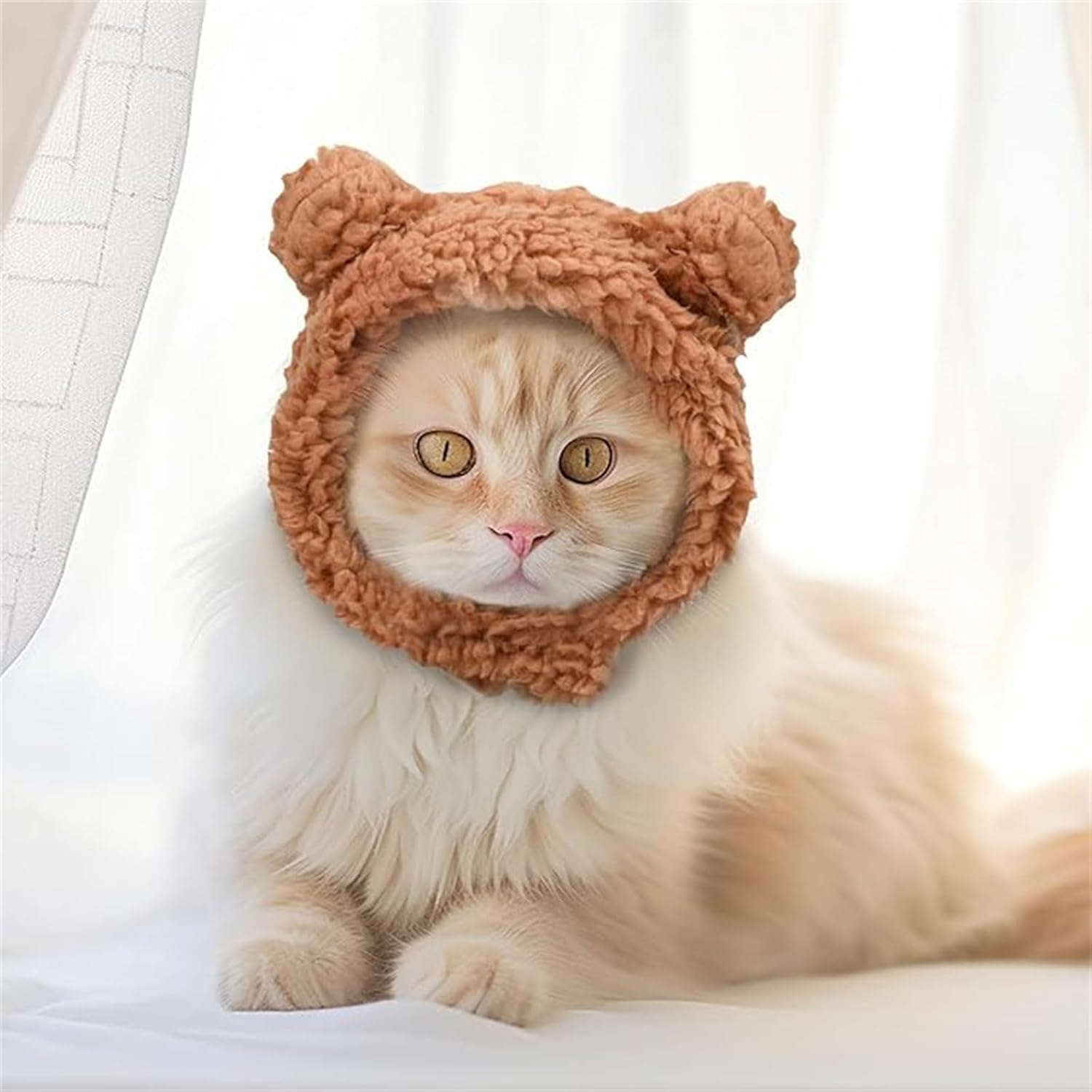 Costume Hat for Cats and Dogs, Adjustable Warm Bear-Ear Headwear, Soft Comfortable Small Pet Accessory (Brown)