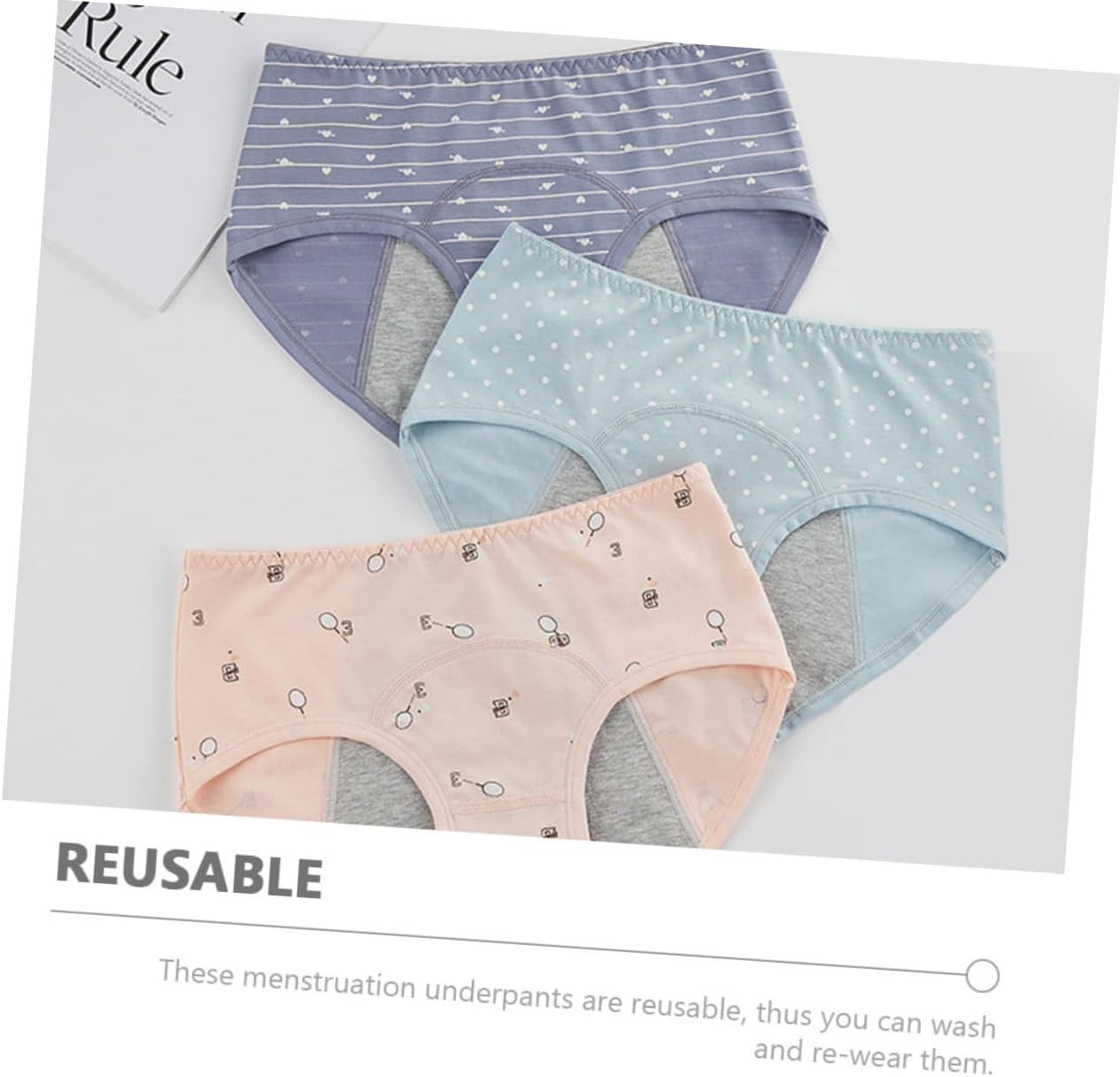 3Pcs Menstrual Underpants for Women Medium Waist Safety Pants Cloth Underwear Leak Shrimp Lake Blue Gray Blue image number 5