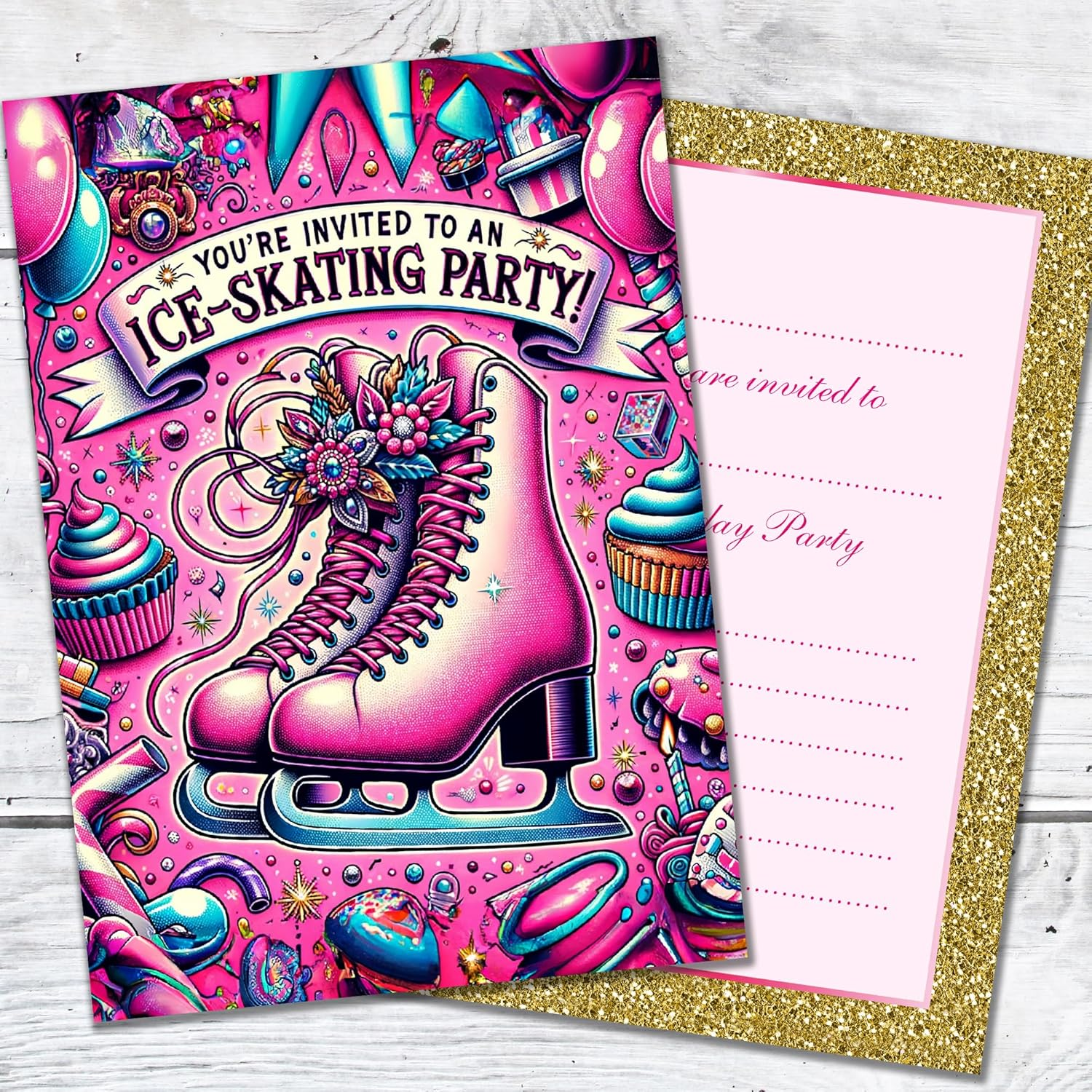 PACK 20 Ice Skating Party Invitations with Envelopes &ndash; Artistic Pink Designs &ndash; Double Sided Cards &ndash; Designed and Printed in the UK image number 2