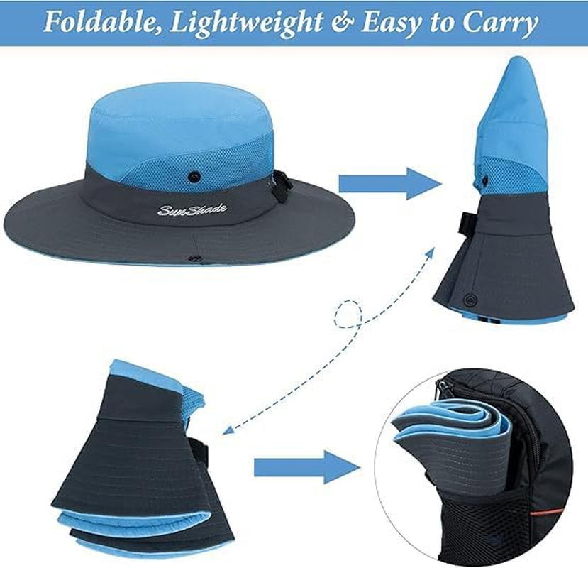 Womens-Summer-Sun-Hat Outdoor Breathable-Uv-Protection-Fishing-Hat Wide Brim Foldable-Beach-Bucket-Hat with Ponytail-Hole
