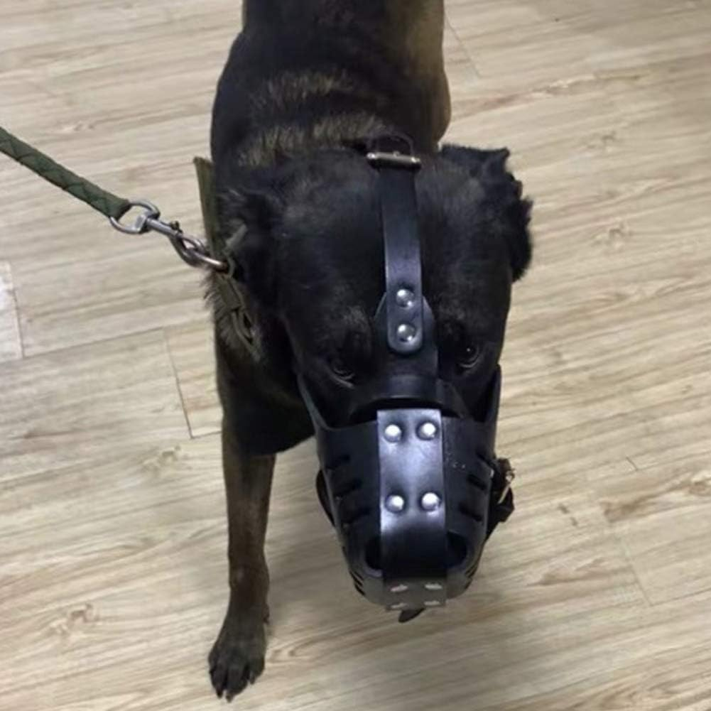 Dog Muzzle Made of Genuine Leather, Pitbull Terrier Secure Basket Dog Muzzle with Adjustable Bite Chewing Barking Training Dog Mask for Medium and Large Dogs
