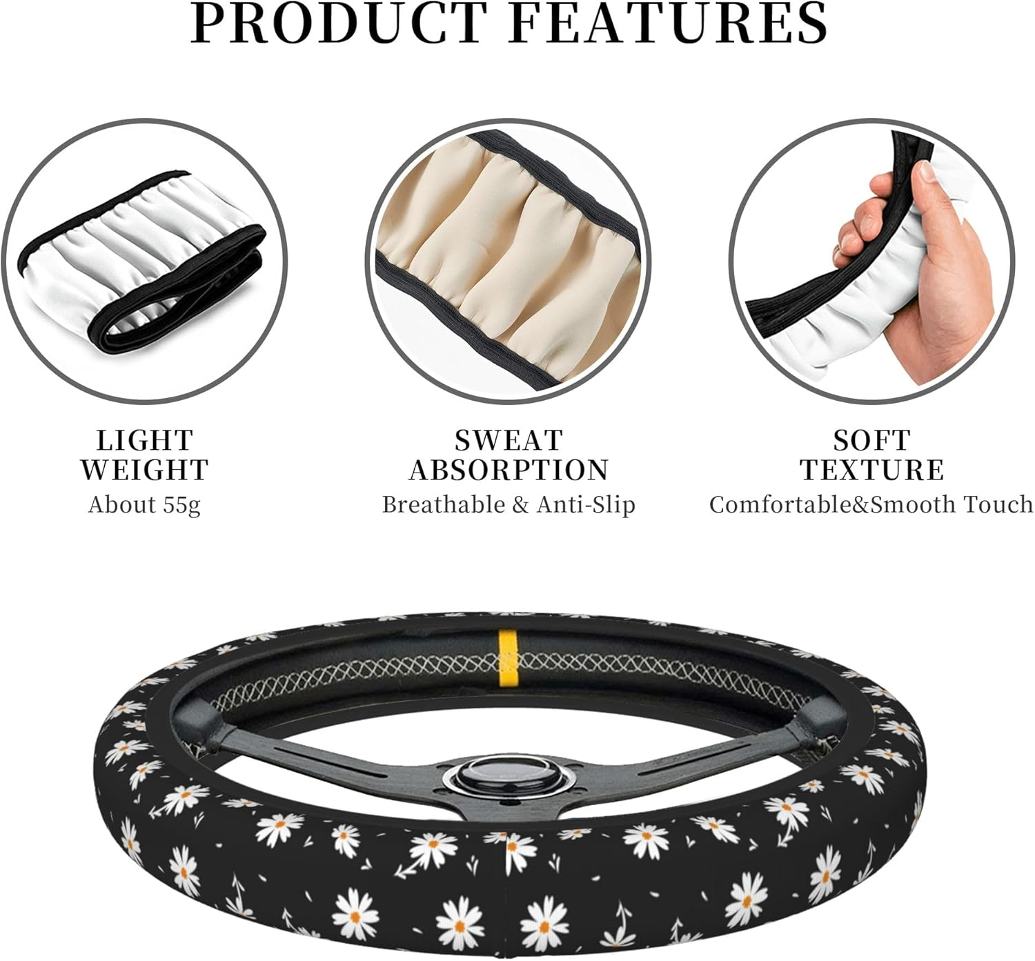 Daisy Floral Steering Wheel Cover Women Girls Cute Flower Car Steering Wheel Cover Black Anti-Slip Soft Neoprene Auto Accessories Interior Decor Protector Covers Gifts Elastic Universal 15 Inch - Pink Strawberry Cute Flowers image number 3