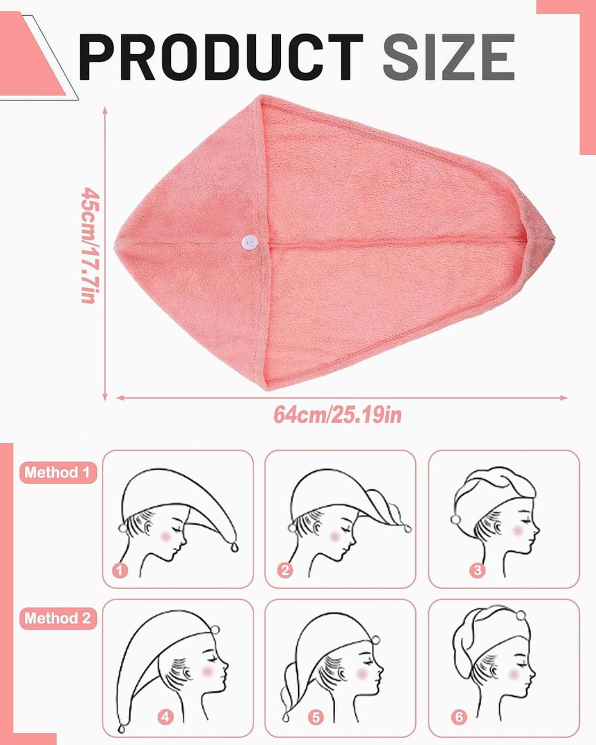 KEMUZ 1 X Microfibre Hair Towel, Super Absorbent Hair Turban for Wet Hair, Turban Towel with Button, for Home, Travel, Gym (Pink) image number 5