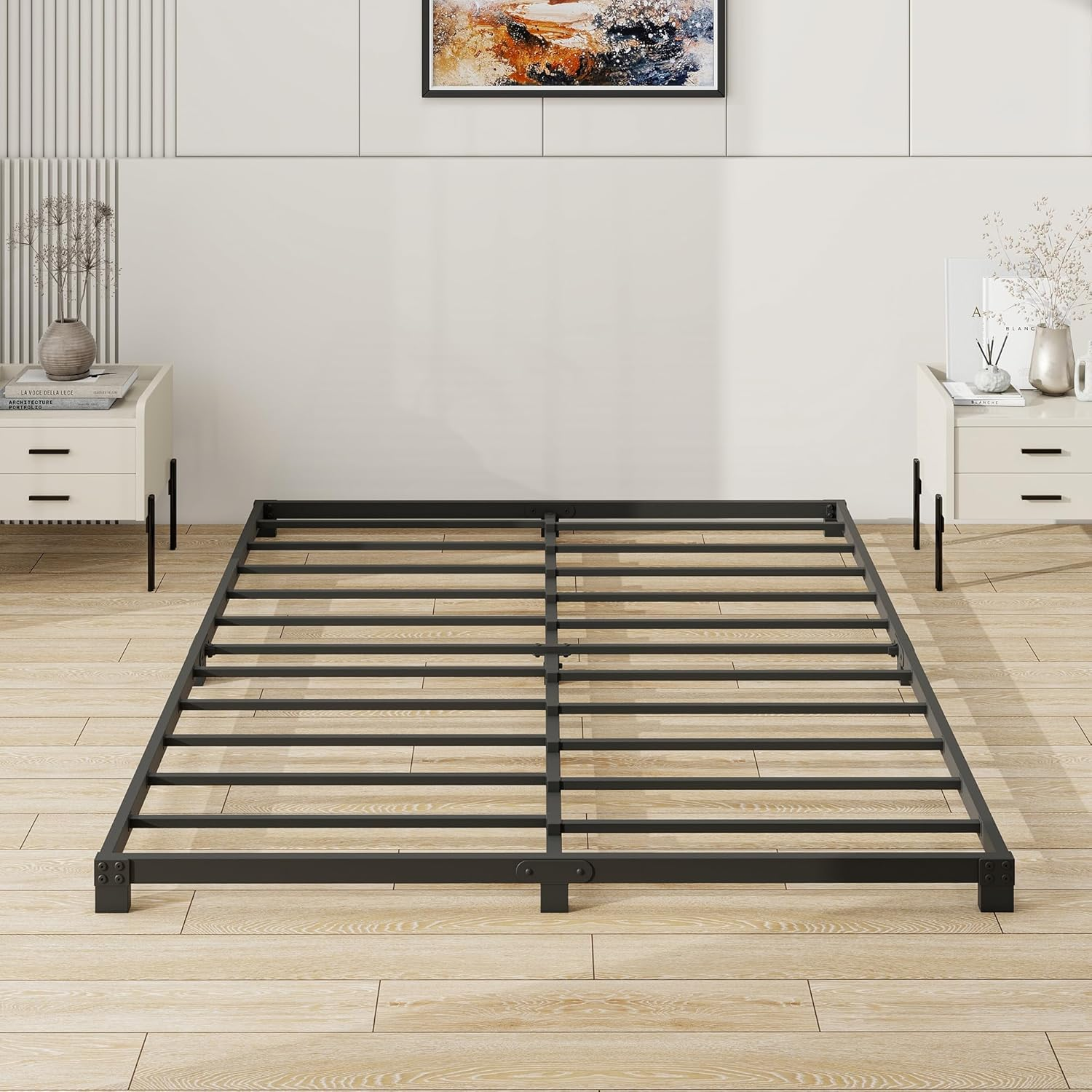 VERFARM 3 Inch Low Queen Size Bed Frame, Heavy Duty Metal Platform Bed Frame Queen, No Box Spring Needed, Sturdy Steel Slat Support, Easy Assembly, Black, Queen