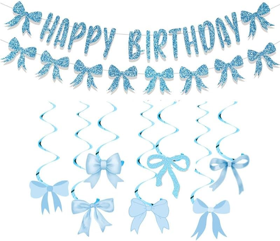 WADY 30Pcs Pink Bow Happy Birthday Banner Set with Glitter Garland & 7 Hanging Swirls, Girly Birthday Party Decorations for Girls, Bow Themed Backdrop Wall Hanging (Pink)