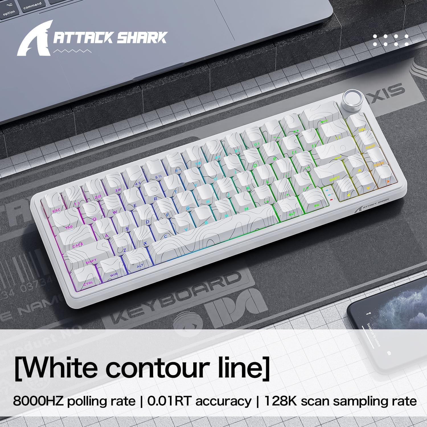 ATTACK SHARK X65PRO HE Rapid Trigger Magnetic Mechanical Keyboard,65% Hot Swappable, Hall Effect Sensor,Adjustable Actuation,Tri-Mode RGB, 8Khz Polling Rate with Coiled Cable for Moba/Fps/Rts-White - White image number 3