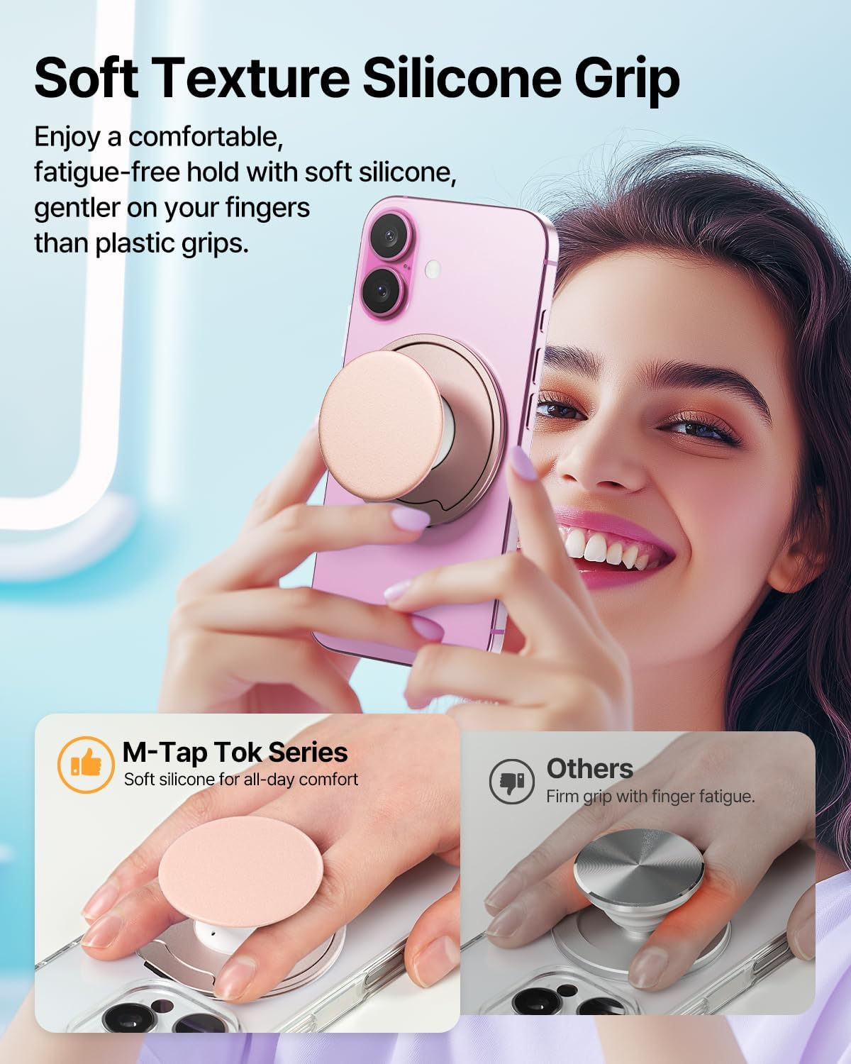 Sinjimoru for Magsafe Phone Grip &mdash; 3000G Magnetic Hold, Soft Silicone Comfort, Metal Plate Included, Iphone 17/16/15/14/13, M-Tap Tok Ring Stand Space Gray image number 6