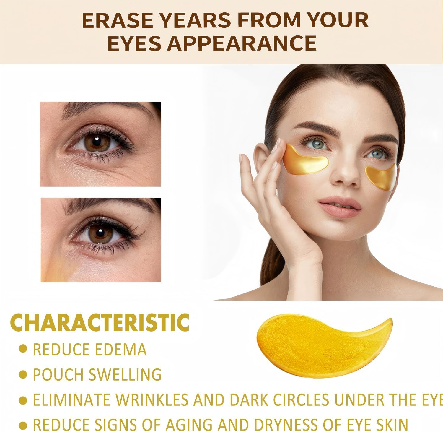60Pieces/30 Pairs under Eye Patches, Collagen 24K GOLD under Eye Masks, for Puffy Eyes, Dark Circles,Bags and Wrinkles, for Elasticity, Revitalises and Refreshes Your Skin (Gold) image number 4