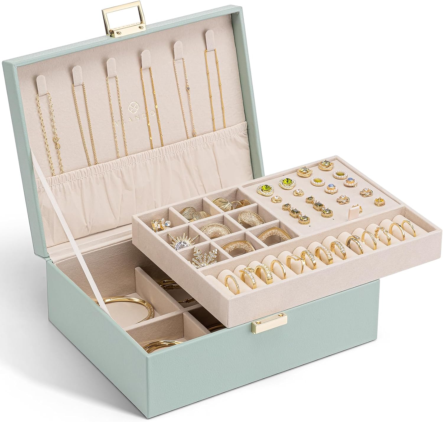Vlando Jewellery Box, 2 Layers, Jewellery Storage Box, Large, Jewellery Box for Women, Girls, Removable Jewellery Tray for Rings, Earrings, Necklaces