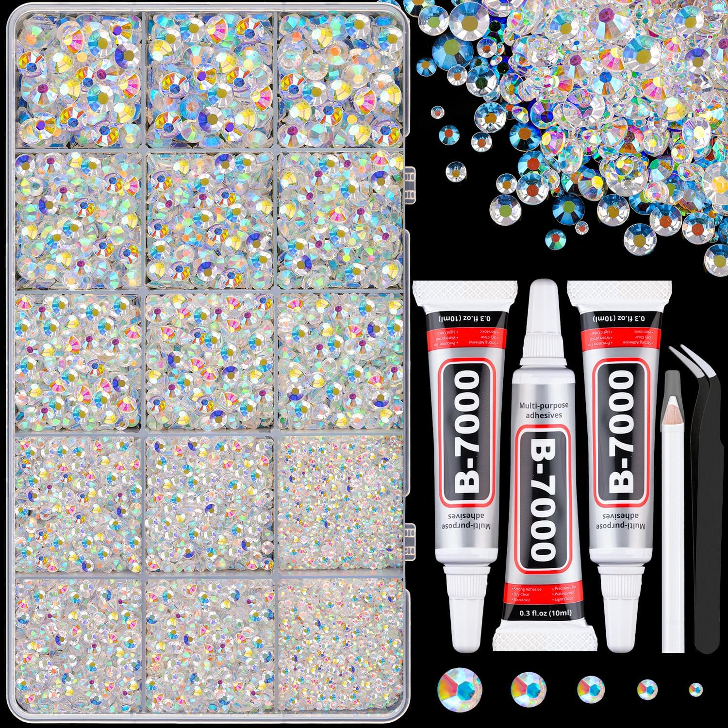 18000Pcs Resin Jelly Rhinestones for Bedazzling, Multicolor 3Mm Flatback Rainbow Gems, Bedazzler Kit with 3Pcs 10Ml B7000 Jewelry Glue for Crafts Crafting Book Shoes Nail Art