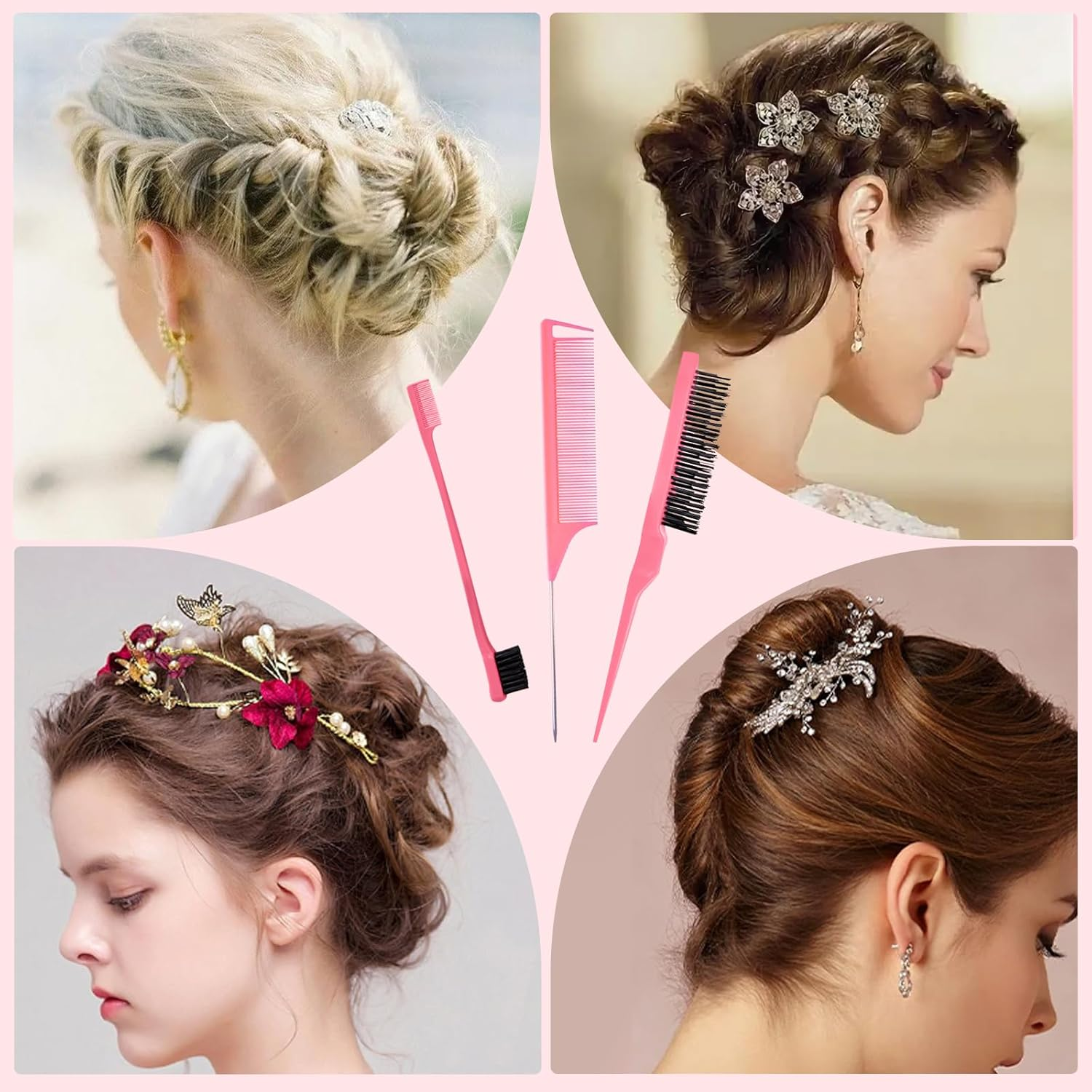 Debbery 3 Pcs Hair Brush Set, Slick Back Hair Brush Edges Brush, Back Combing Brushes, Rat Tail Comb Double Sided Edge Brush for Teasing Hair Slicking Brushing Combing Styling (Pink) image number 3