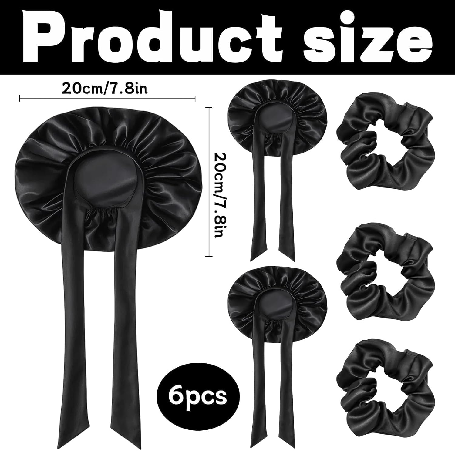 Jazrvr Silk Bonnet for Sleeping, Silk Sleep Cap, Set of 6 Including 3 Black Silk Bonnets and 3 Hair Bobbles 36 Cm, Hair Protection for the Night image number 5