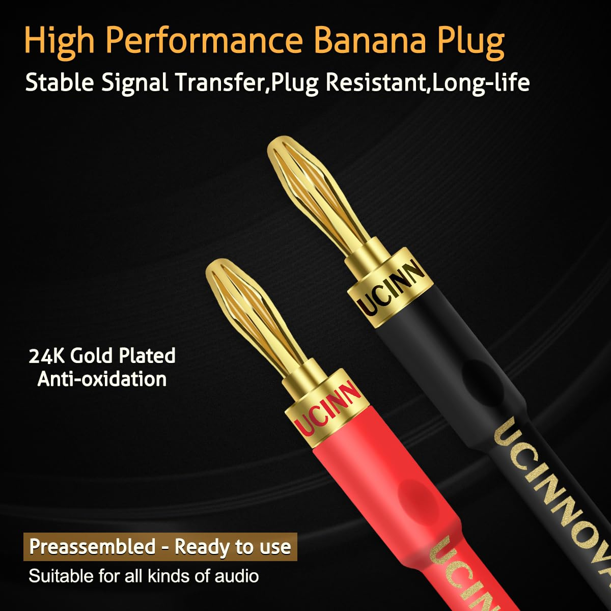 UCINNOVATE 2 Pack 13 AWG Speaker Cable with Banana Plugs, 2X 2M Hifi Speaker Wire with 4Mm Gold-Plated Right Angle Banana Plugs, Solid Audio Cable Speaker Cord for Audiophile Home Theater (2M/6.5Ft) image number 3
