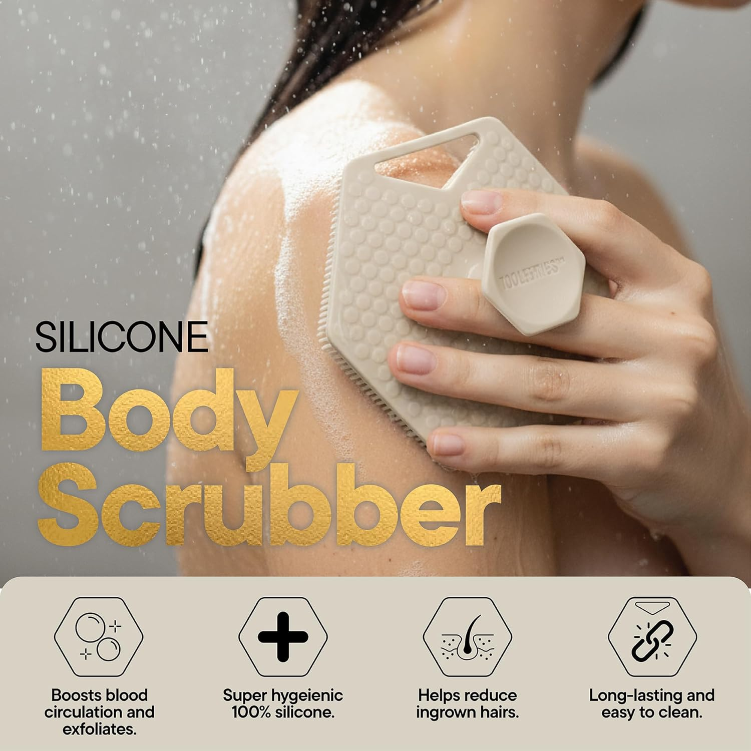 TOOLETRIES Body Scrubber 2.0 &ndash; Premium Silicone Scrubber for Cleaning, Exfoliating Your Skin &ndash; Extra Long Lather Boosting Bristles with Ergonomic Handle, Long-Lasting & Easy to Clean - Sand image number 2