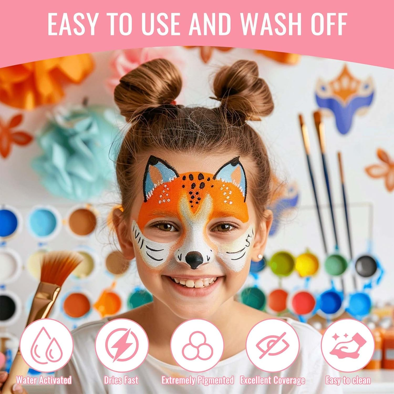 FLYTIN 44 Color Face Painting Kit - Non Toxic Water Activated Face Paint Palette with Stencils, Brush, Gems. for Carnival, Halloween, Costume Makeup and Any Creative Activity image number 6