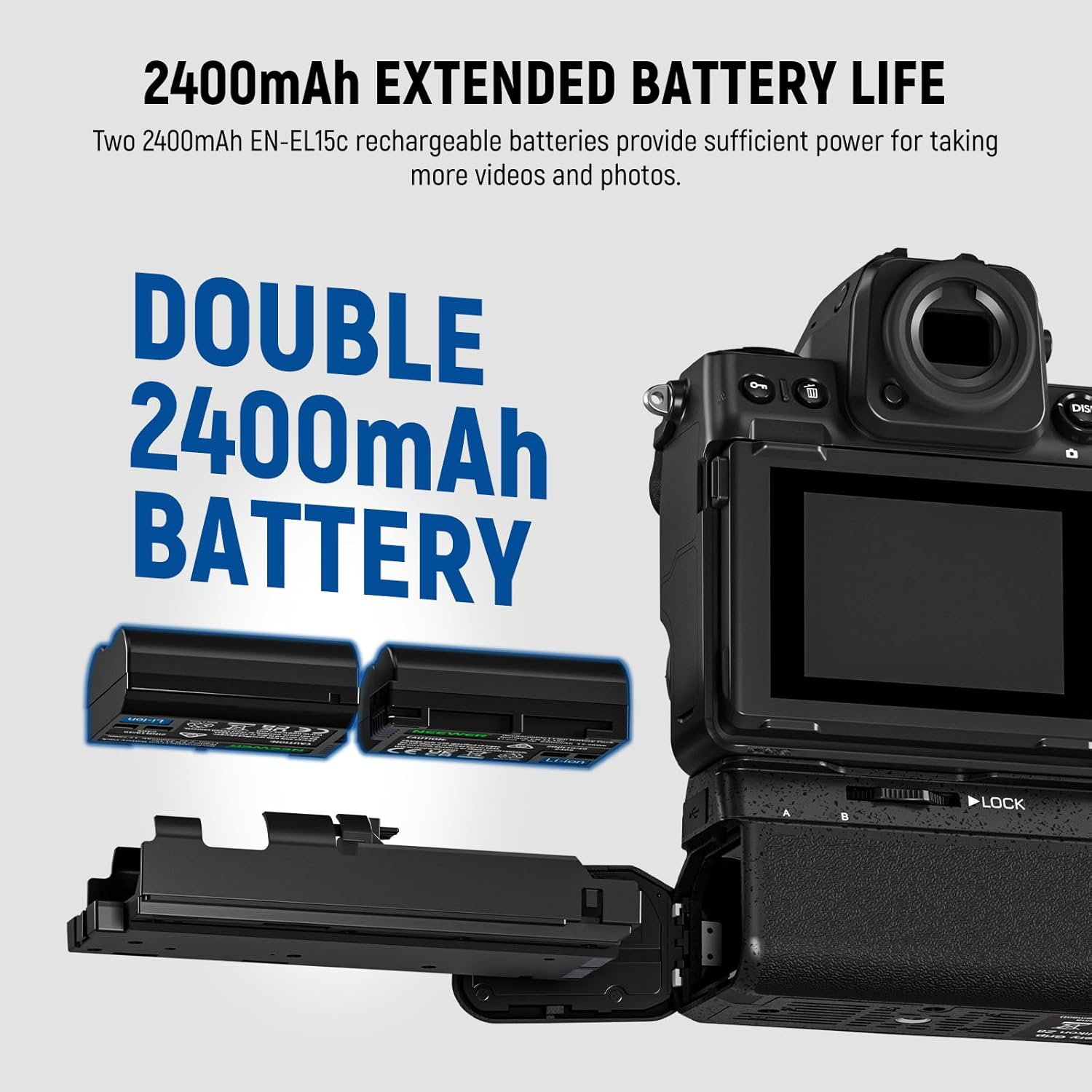 NEEWER MB-N12 Replacement Vertical Battery Grip for Nikon Z8 with 2 Pack En-El15C 2400Mah Replacement Batteries & USB Dual Channel Charger Set, Hot Swappable Vertical Shooting Extended Power image number 5