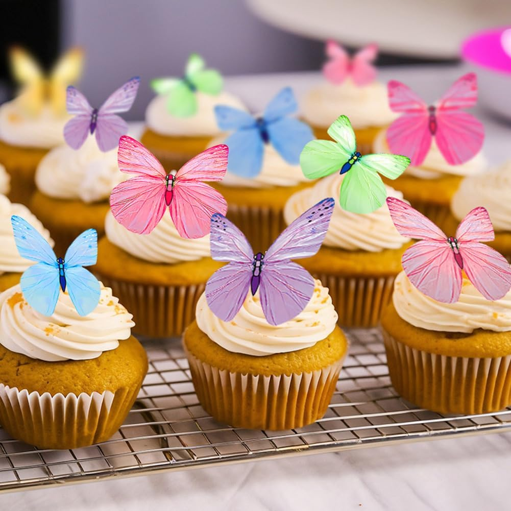 Rstigiker 72Pcs Edible Cake Decorations Colorful Butterfly Cake Decorations 3D Butterfly Cupcake Toppers for Birthday Baby Shower Party Wedding Cakes Desserts Food Decoration image number 2