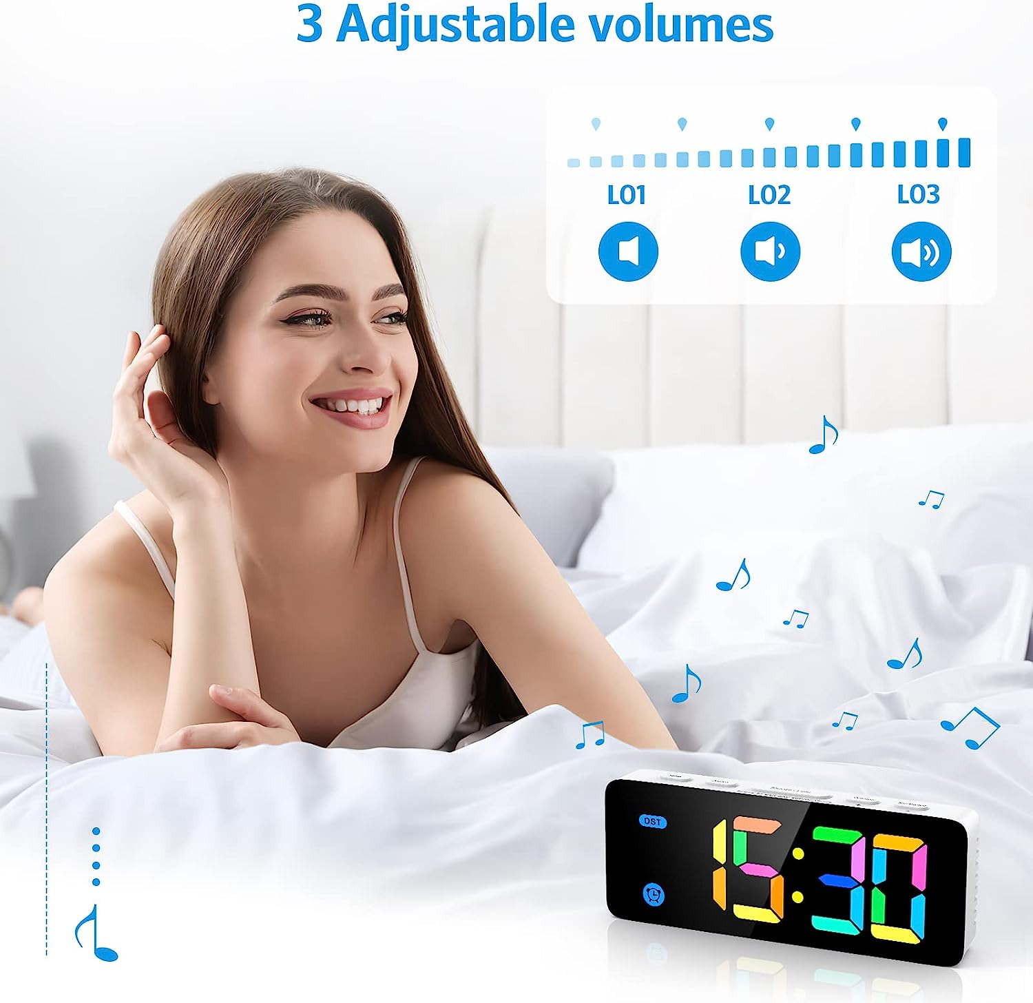 AMIR Digital Alarm Clock, Colorful LED Digital Clock with 7 RGB Digital, 4 Dimmable Backlight, 3 Adjustable Volumes, Snooze, 12/24Hr, USB Power Kids Clock for Heavy Sleepers Kids - Colorful image number 2