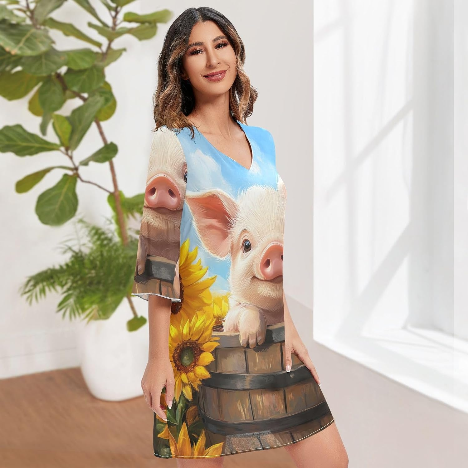 Cute Pig Short Chiffon Dress Print Dress Line Maternity Dress, Cute Pig 4, Large image number 1