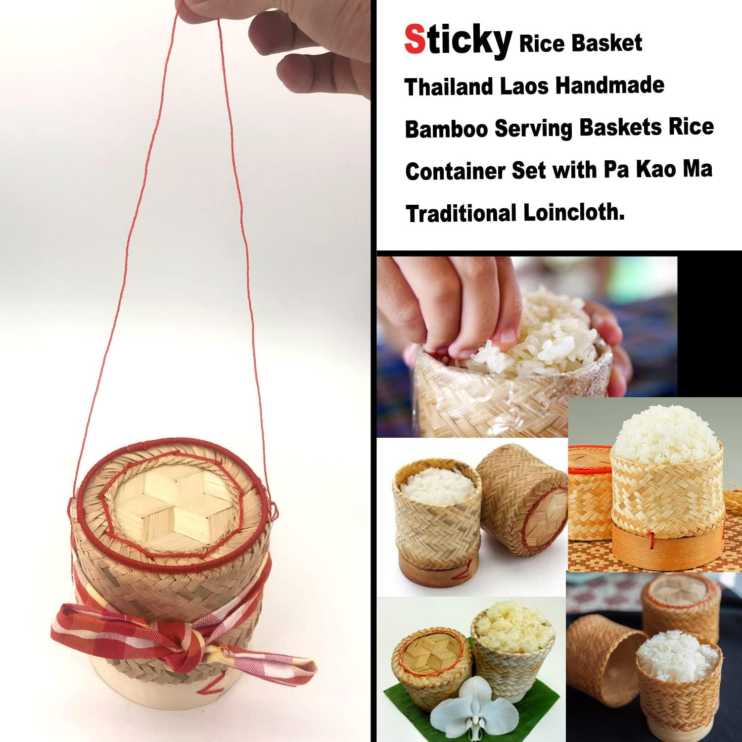 Pack of 2 Small Sticky Rice Basket Size 3.5 Inches Thailand Laos Handmade Bamboo Serving Baskets Rice Container Set with Pa Kao Ma Traditional Loincloth | Goldleafking AU image number 1