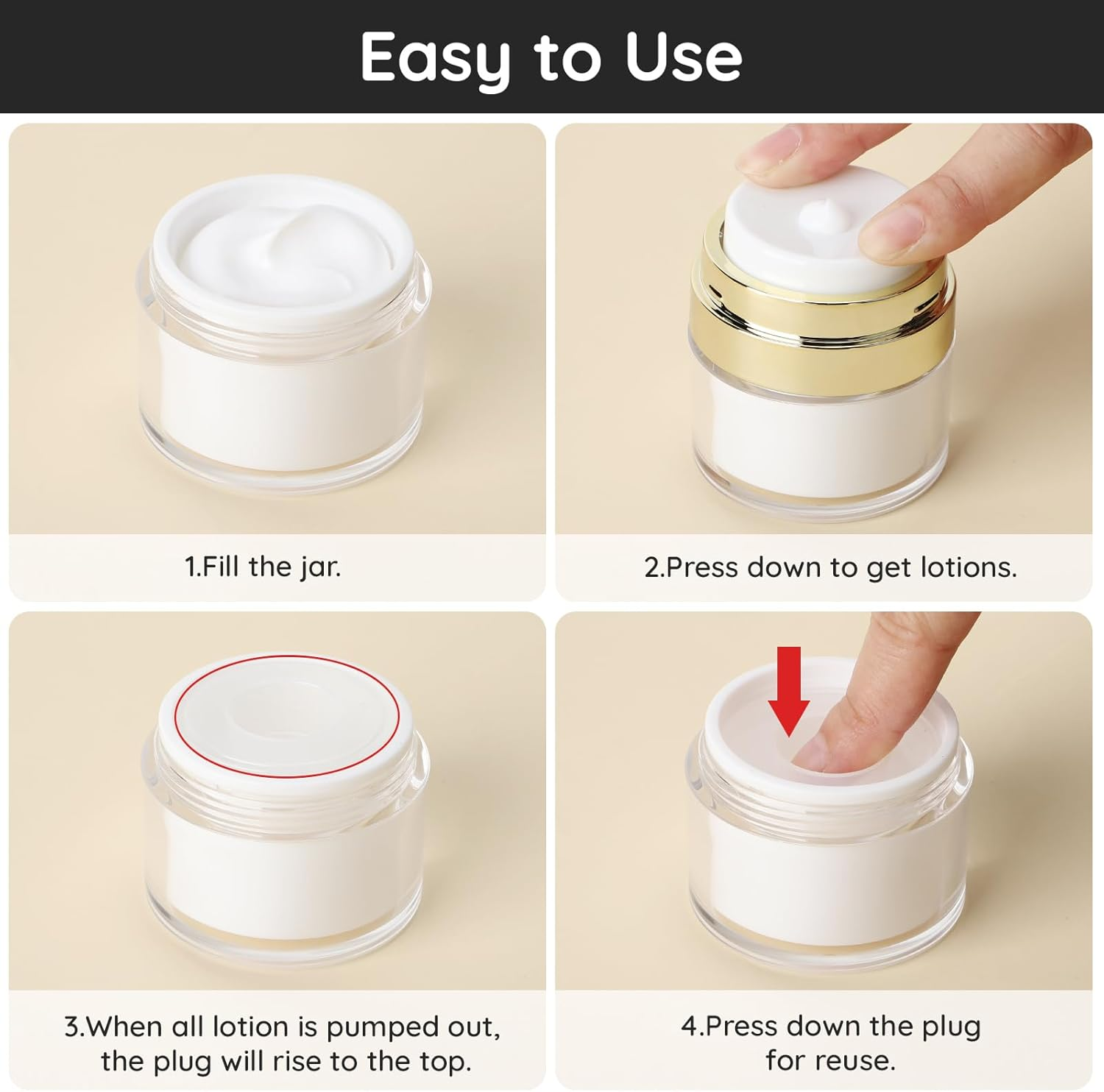 Segbeauty Airless Pump Jars, 2Pcs 15G Travel Containers for Cream, Vacuum Cosmetic Travel Containers, Refillable and Portable, for Thick Moisturizer, Skincare Cream image number 2