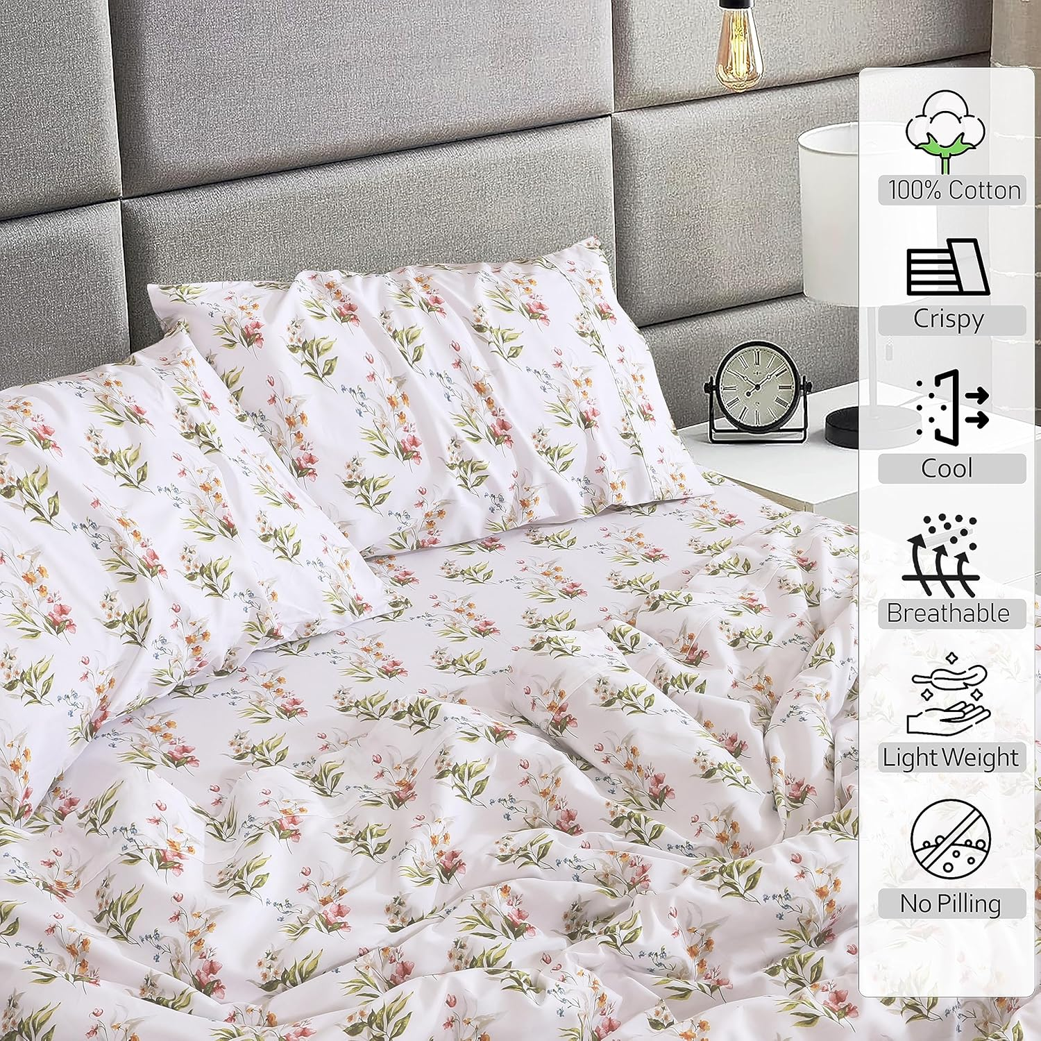 RUVANTI 100% Cotton Split King Sheets Sets for Adjustable Bed, 5 Pcs, Soft & Breathable Percale Weave Bedding, Deep Pocket 16", Hotel Standard, Crisp Cool Feel & Durable, Floral Sheet, Floral Bliss image number 3